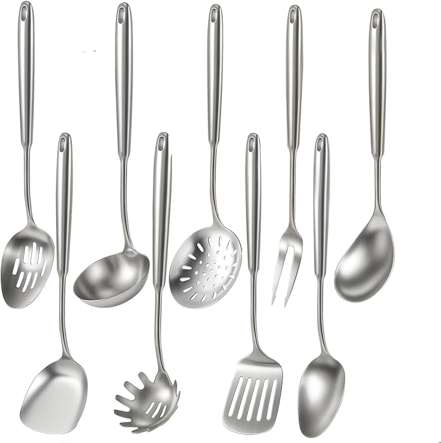 Newness 9 Pcs Cooking Utensils Set, 304 Stainless Steel Kitchen Utensils Set, Metal Kitchen Accessories, Include Soup Ladle, Slotted Skimmer Spoon, Spaghetti Spoon and Spatula, Dishwasher Safe