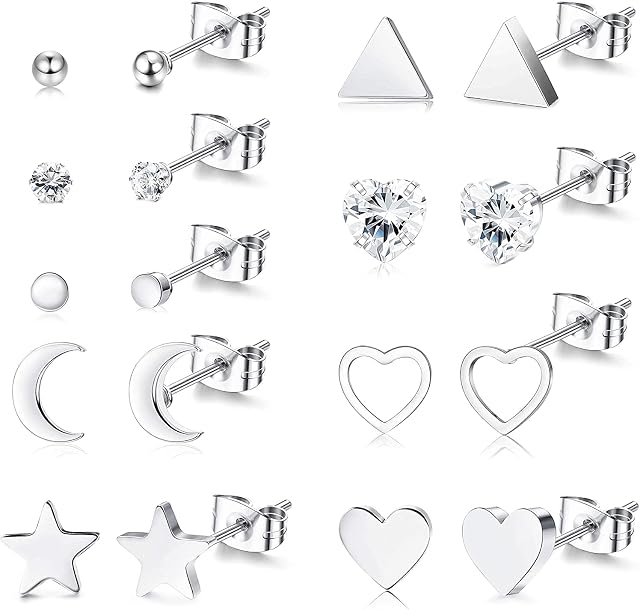 Milacolato 6-9 Pairs Stud Earrings Surgical Steel Dainty Small Heart Moon and Star Earrings Minimalist Geometric CZ Silver Ball and Triangle Earrings Sets for Women Men