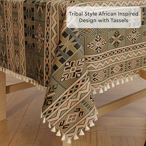 Image of Encasa XO Dining Table Cover Cloth for 6 to 8 Seater with Tassel | Rectangular Size - 140x230 cm (56x91 in) | African Tribal Printed Cotton Table Cover | Made for Everyday Meals & Festive Decor