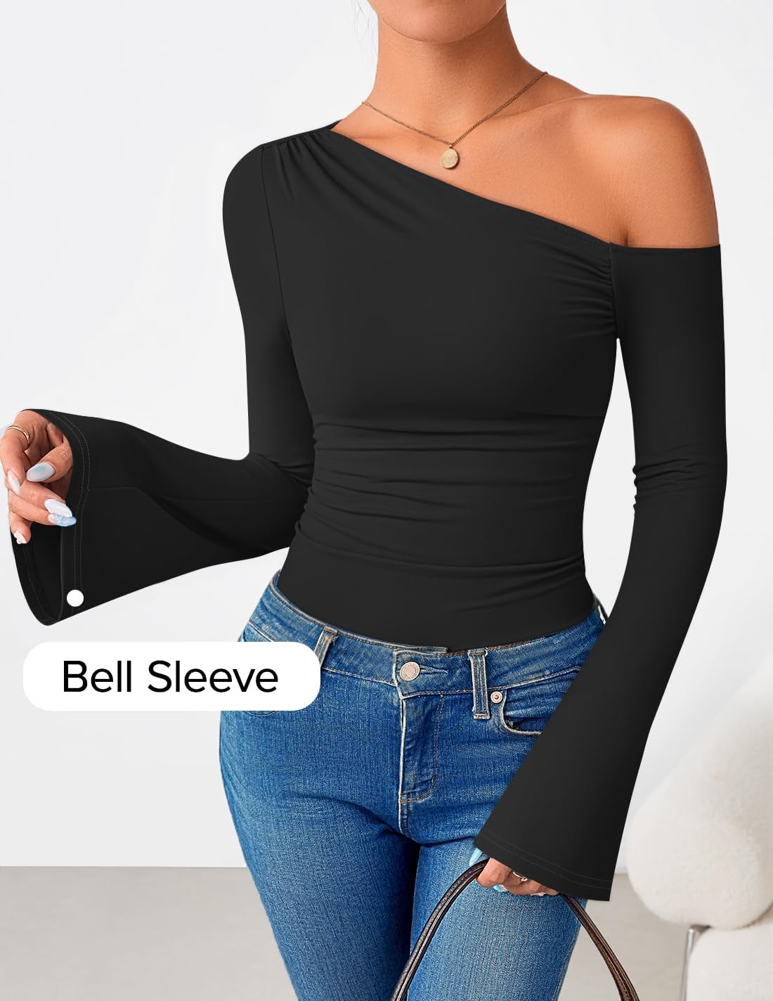 ZESICA Women's Off Shoulder Tops Bell Long Sleeve Shirts 2026 Spring Trendy Going Out Ruched Tight Fitted Y2K Clothes - Image 4
