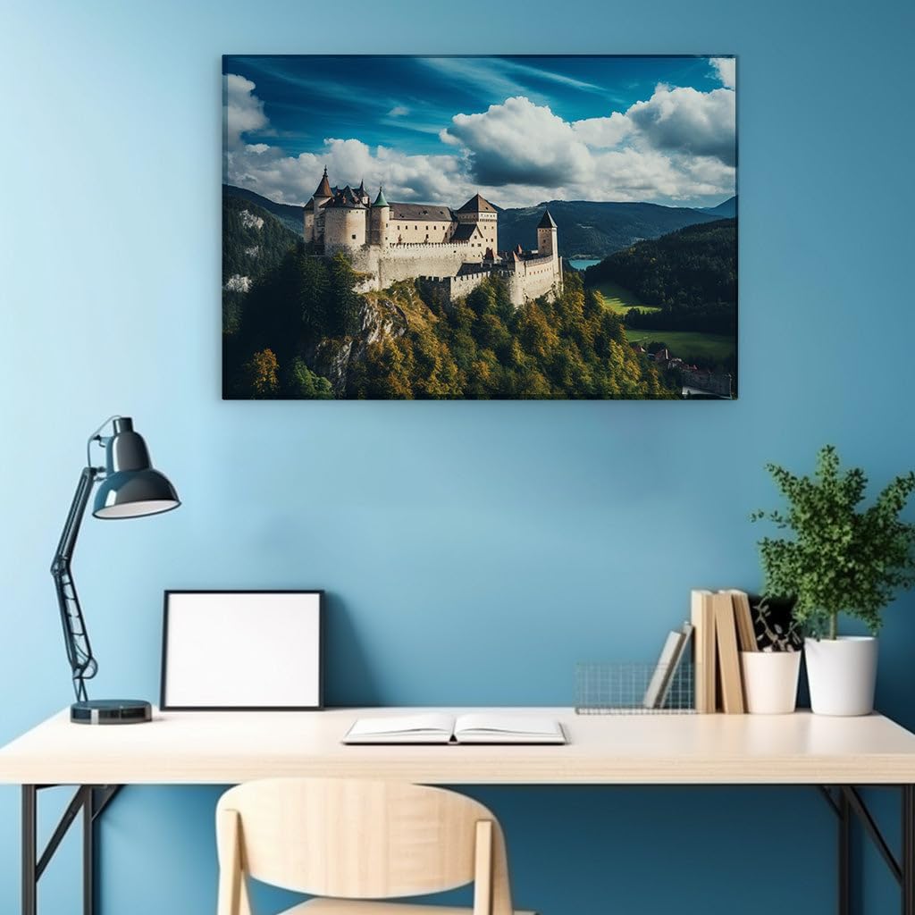 Canvas for Living room. Majestic Autumnal Fortress: A Verdant Hilltop Embrace by Tranquil Waters, 27 x 18 inch Canvas Wall Art - Modern Home Decor - 69x46 cm (27x18 inch)