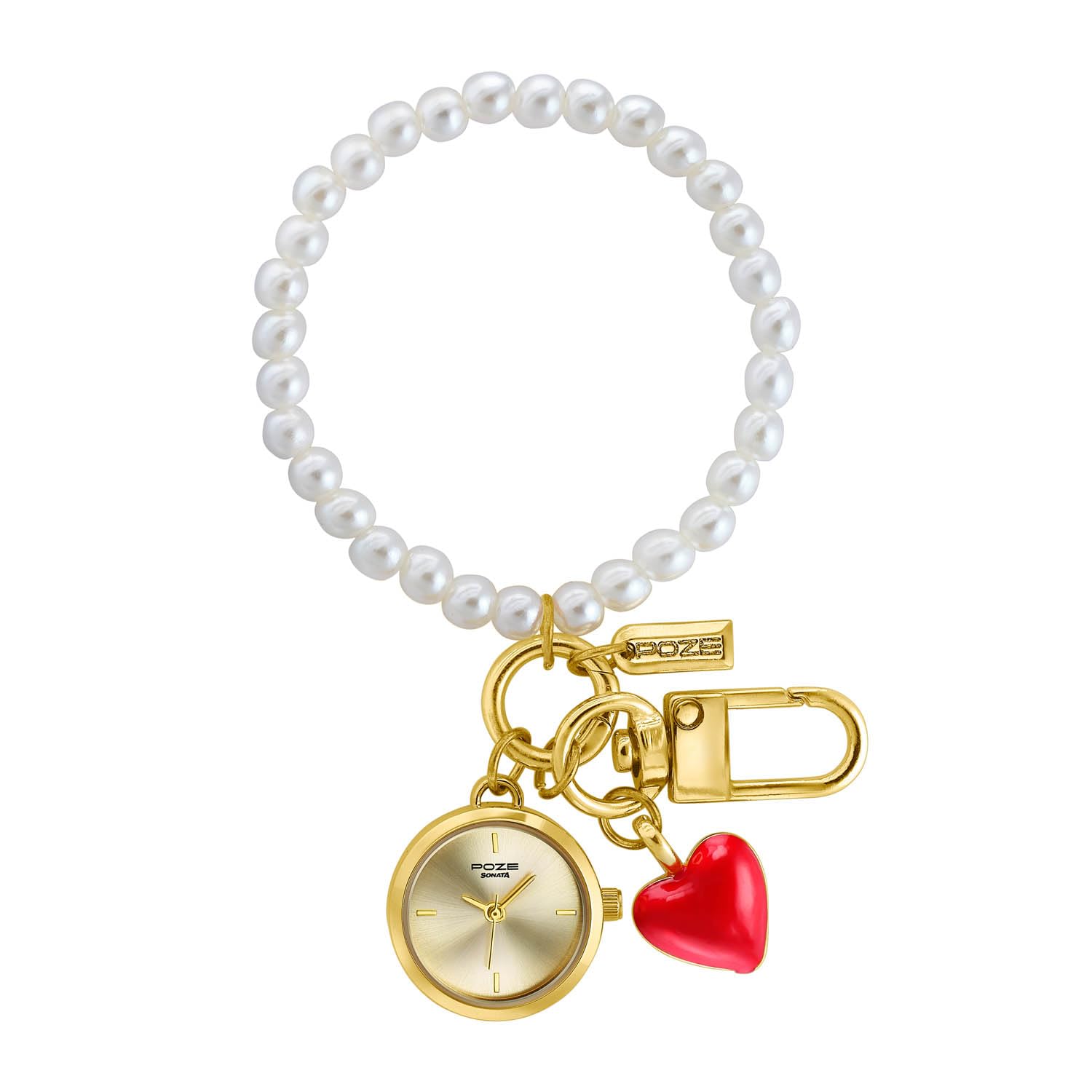 sonata Poze 8 Quartz Analog Bag Charm Watch for Women with Gold Dial, Beige Pearl + Red Heart + Gold Lobster Stainless Steel Strap – SP80156YM01W-picture-35