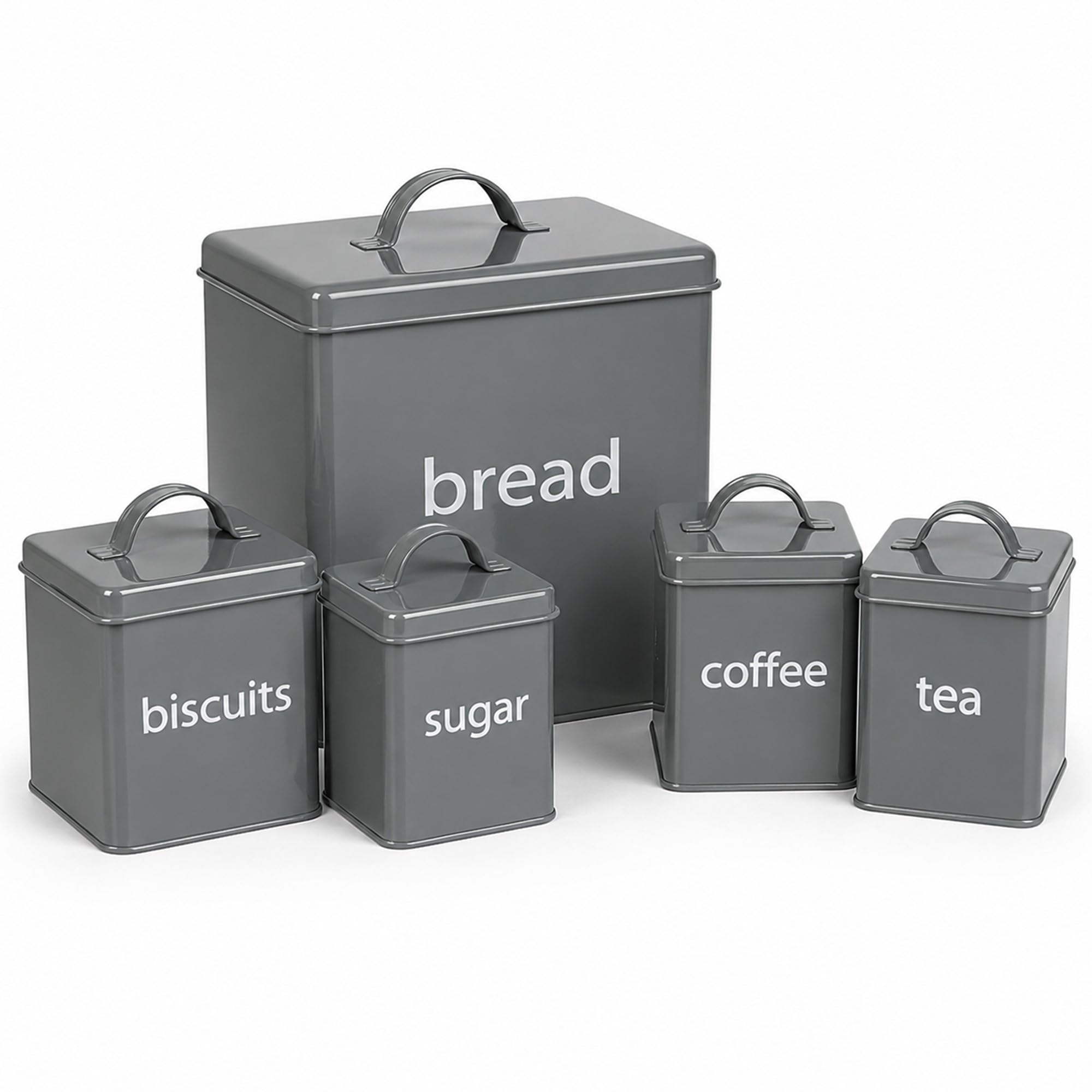 B&Q -  5 Piece Grey Kitchen Canister Storage Tin Set Bread Biscuits Tea Sugar Coffee