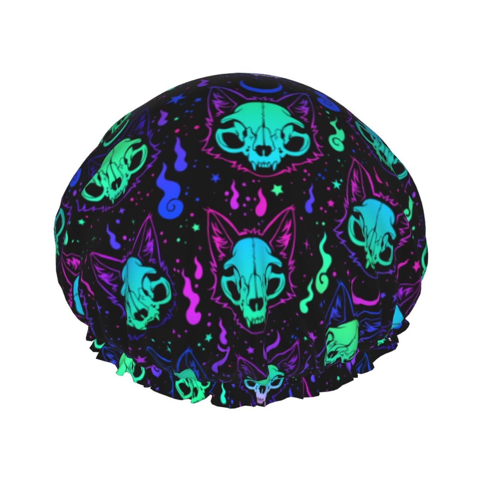 halloween trippy goth black cat skull Reusable Shower Cap & Bath Cap Waterproof Shower Caps Large Designed for all Hair Lengths & Elastic Hair Hat