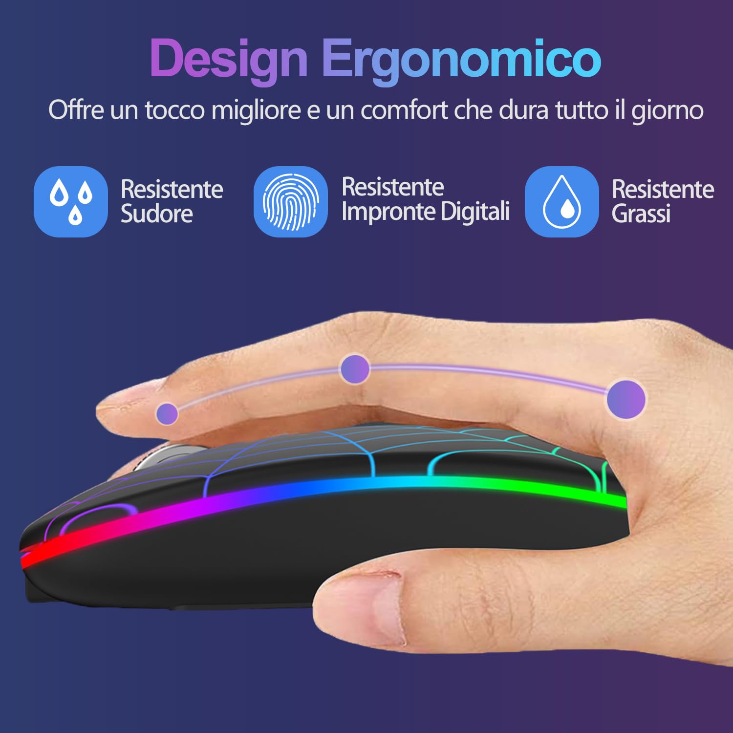 SZO Mouse Wireless Ricaricabile con Convertitore USB e Tipo-C,RGB a 7 Colori,Portatile e Precisione Regolabile (800/1200/1600),Nero