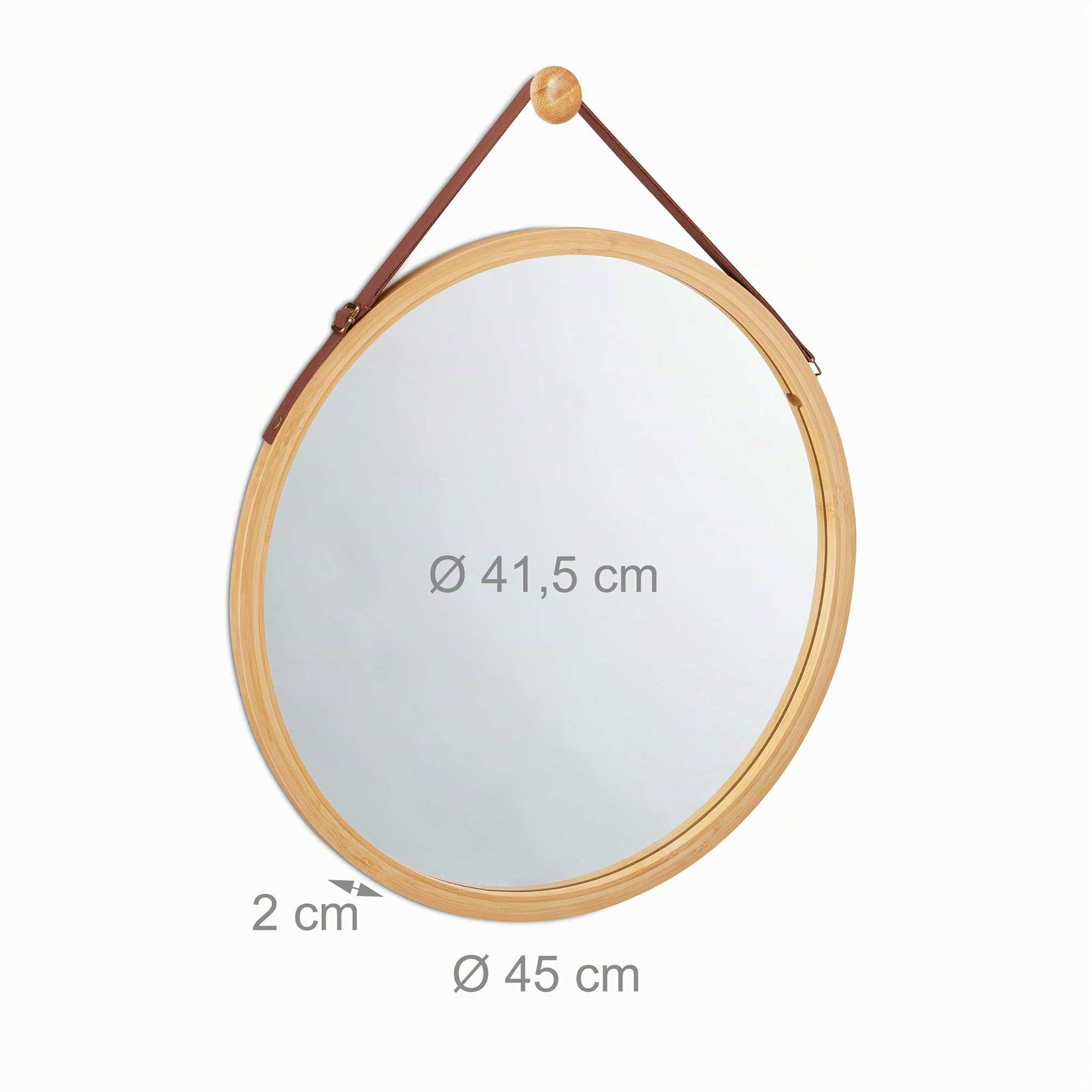 relaxdays 10026502 Miroir Rond à accrocher, lanière réglable, en Bambou, Moderne, Couloir, Salle de Bain, ∅: 45 x 60 cm, Naturel, Verre, Similicuir, Nature, 45 x 45 x 2 cm