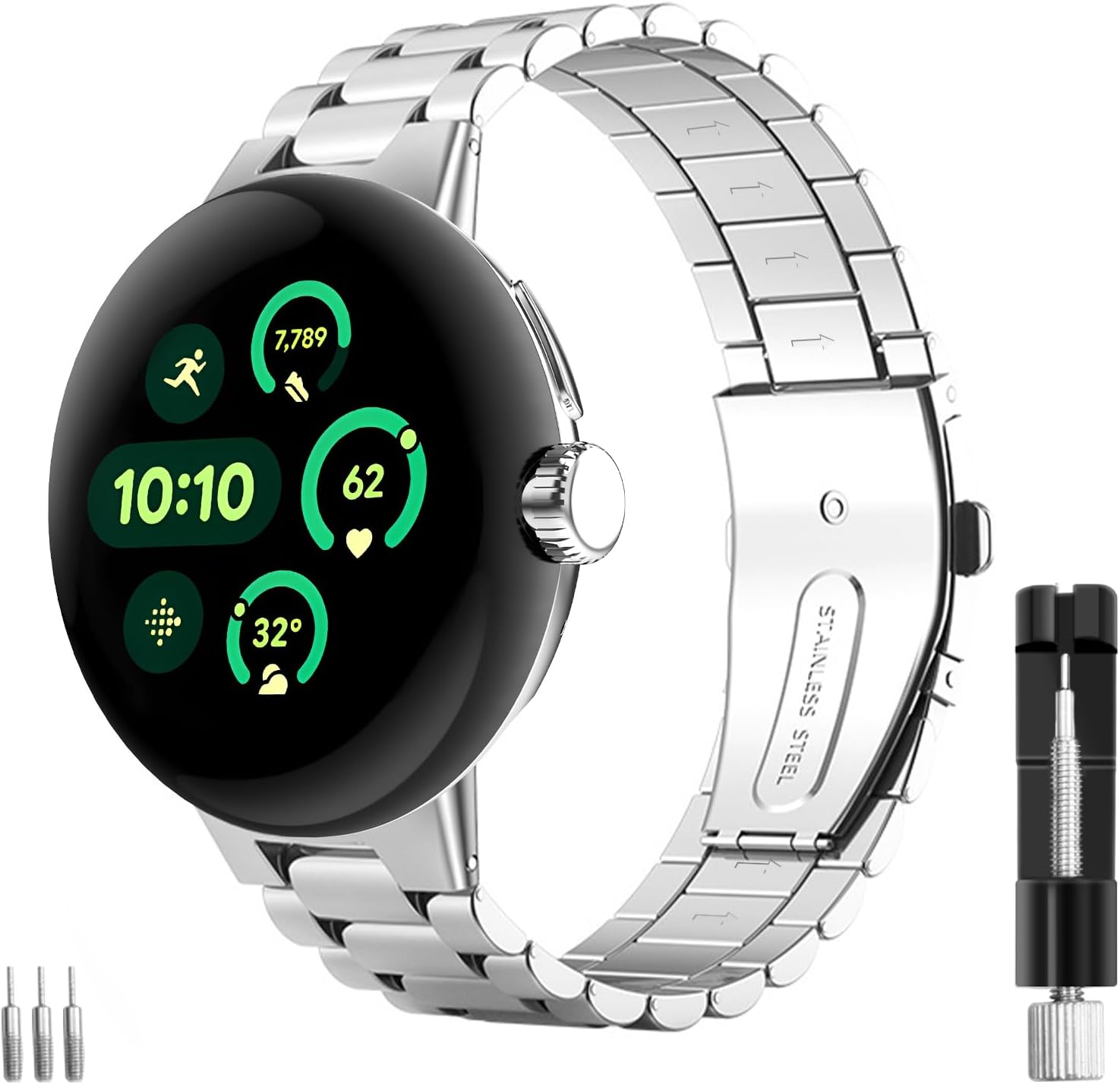 Aresh Compatible with Google Pixel Watch Band, Stainless Steel Adjustable Metal No Gap Band for Google Pixel Watch 2 Silver