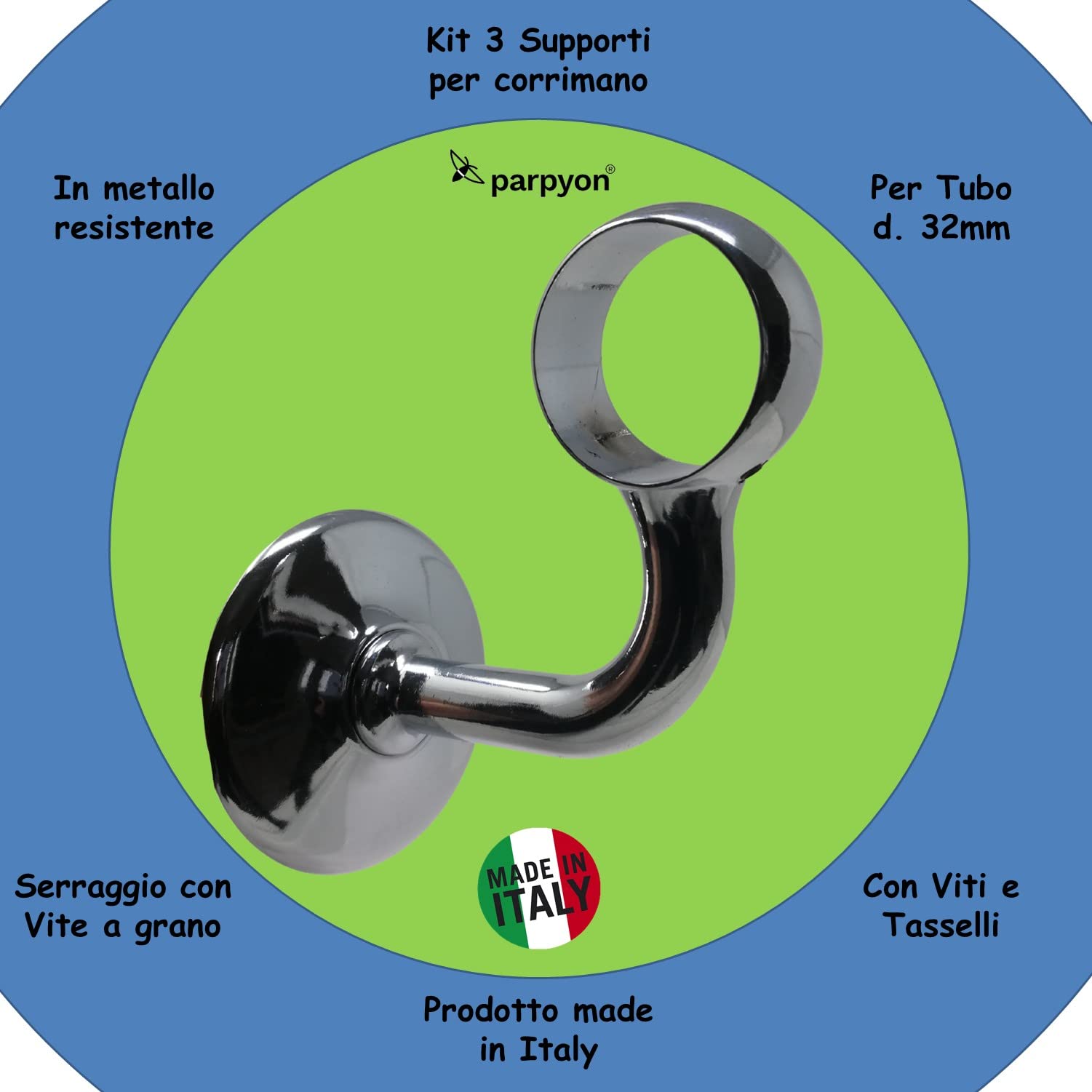 Parpyon® Supporti per corrimano a muro Staffe tubo passamano in Ferro accessori per ringhiere, Reggi Tubi con tasselli e viti prodotto italiano (Supporti 525, Cromo-525)