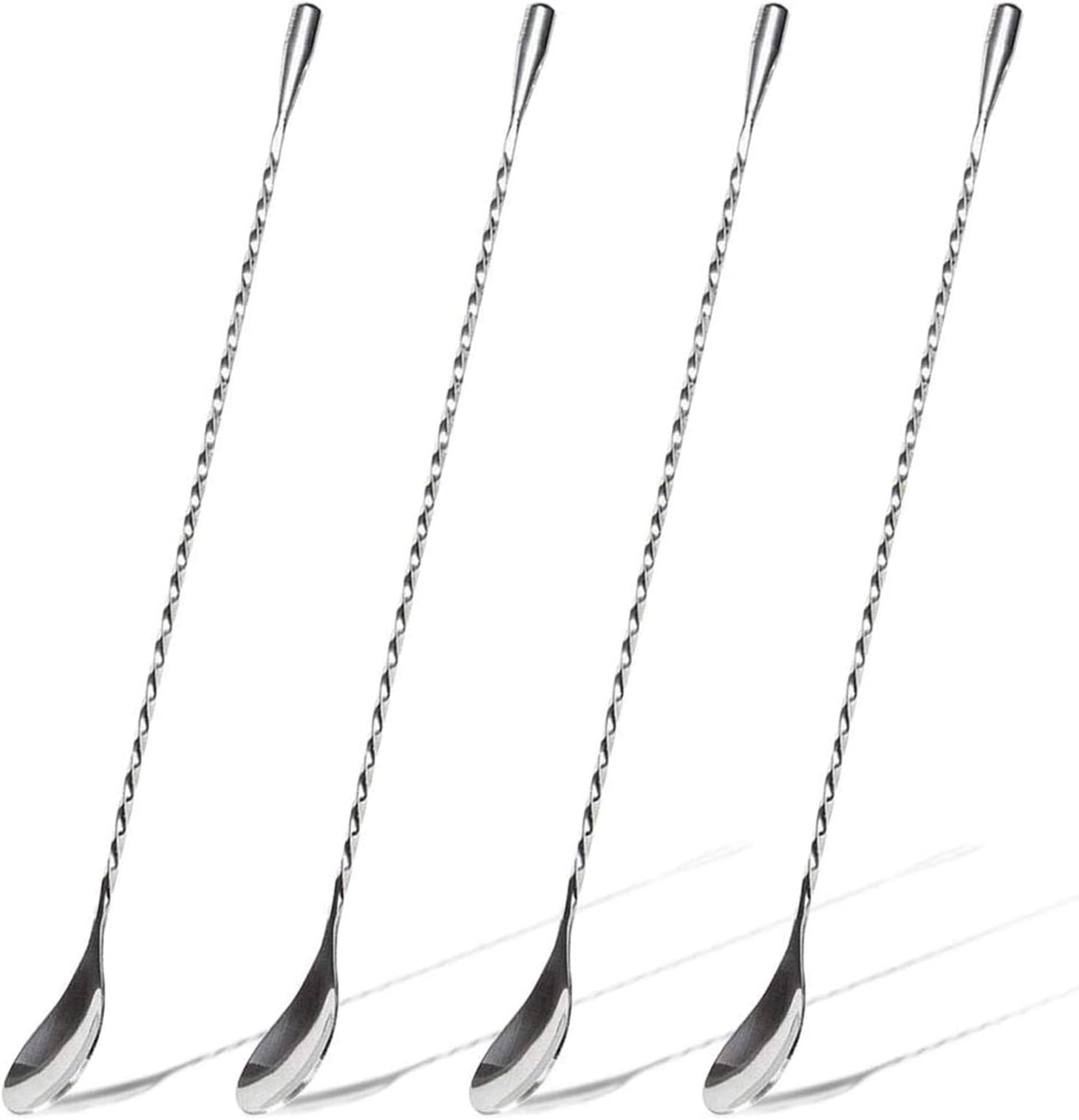 4PCS Cocktail Stirrers, 304 Stainless Steel Long Handle Mixing Spoon Teaspoons Shaker Spoons Tea Drink Mixer Latte Glasses Stirrer for Bar Home DIY Coffee Design, Silver 11.85inch
