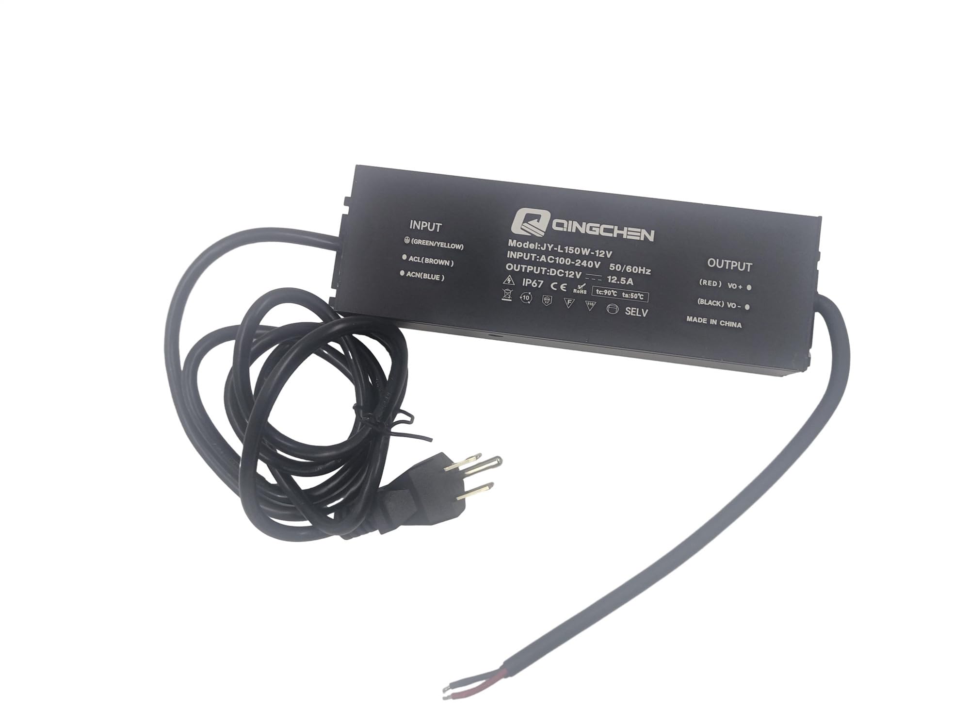 LED Power Supply 150W Waterproof IP67 12V DC 12.5A,AC to DC Transformer Adapter with Plug,100V-130V Input 12 Volt Constant Voltage Output Transformer