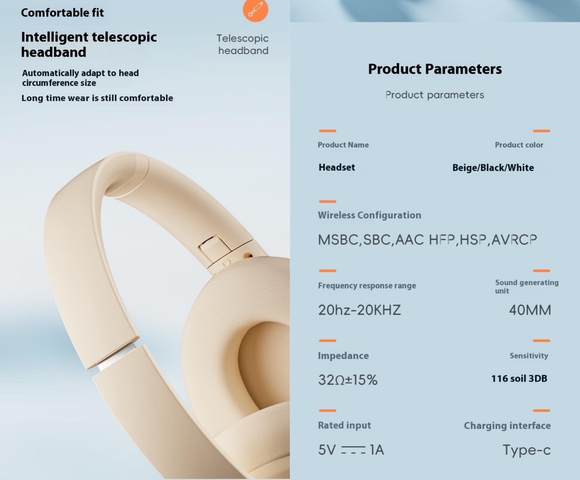Cuffie Wireless Bluetooth con Cancellazione Attiva del Rumore, Bluetooth 5.3 Hi-Fi Stereo con Microfono, Leggere e Pieghevoli, adatte per PC/Telefono e altri Dispositivi Bluetooth - Beige