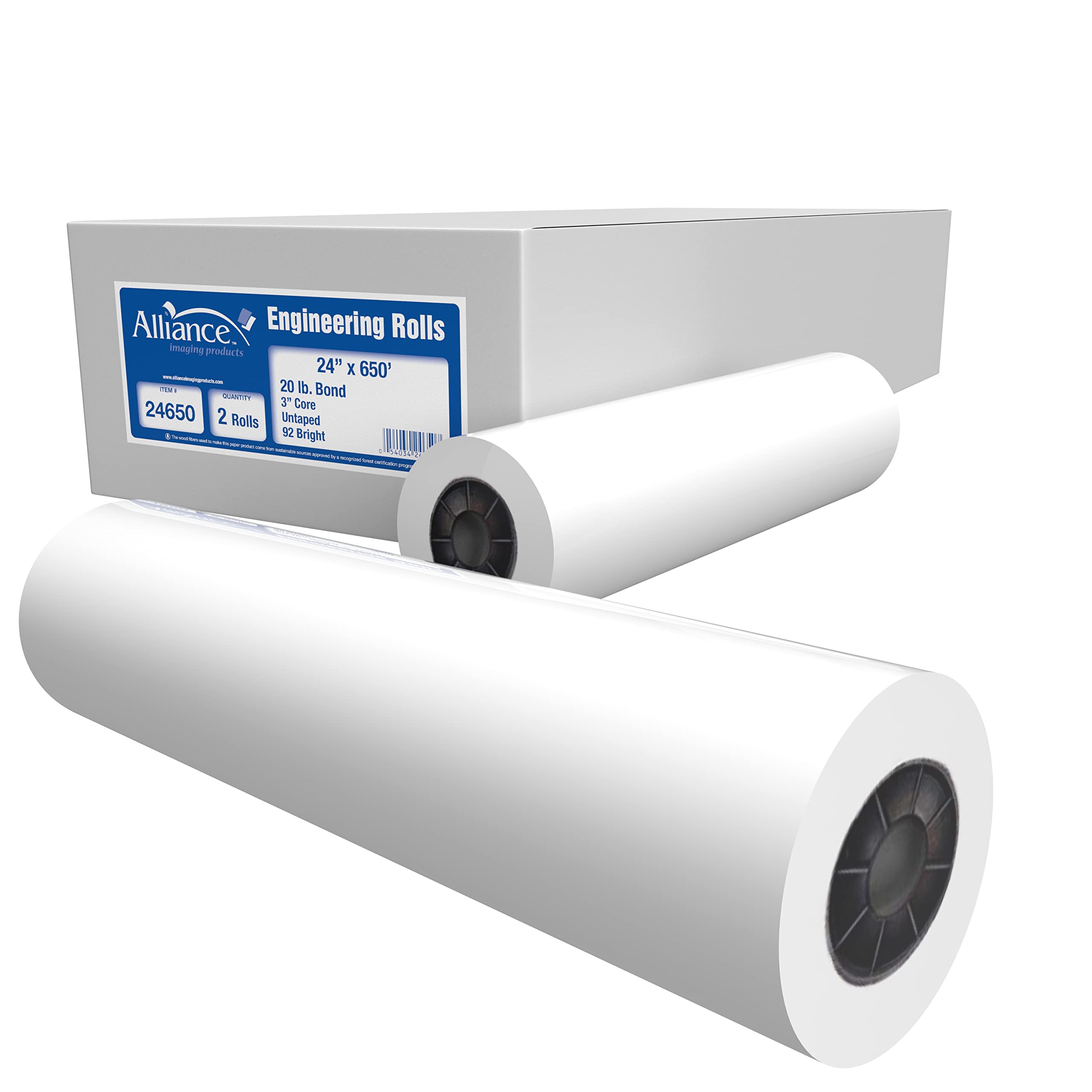 Alliance 24" X 650ft Engineering Bond Paper Rolls - 2 Pack For Wide Format Laser Printers