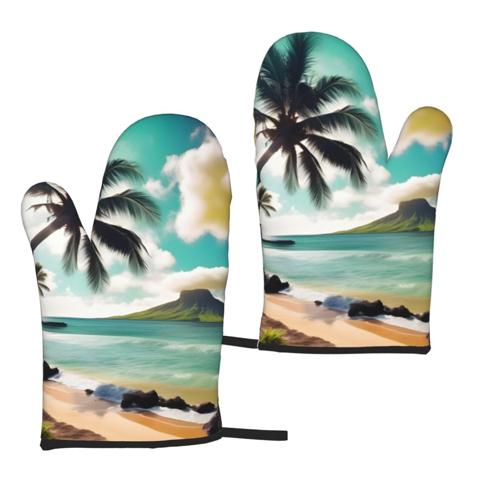 Nimongt Women's Black Tropical Beach Palms Print Adults Universal Fit Heat Resistant Oven Gloves Reusable Cooking Outdoor Grilling