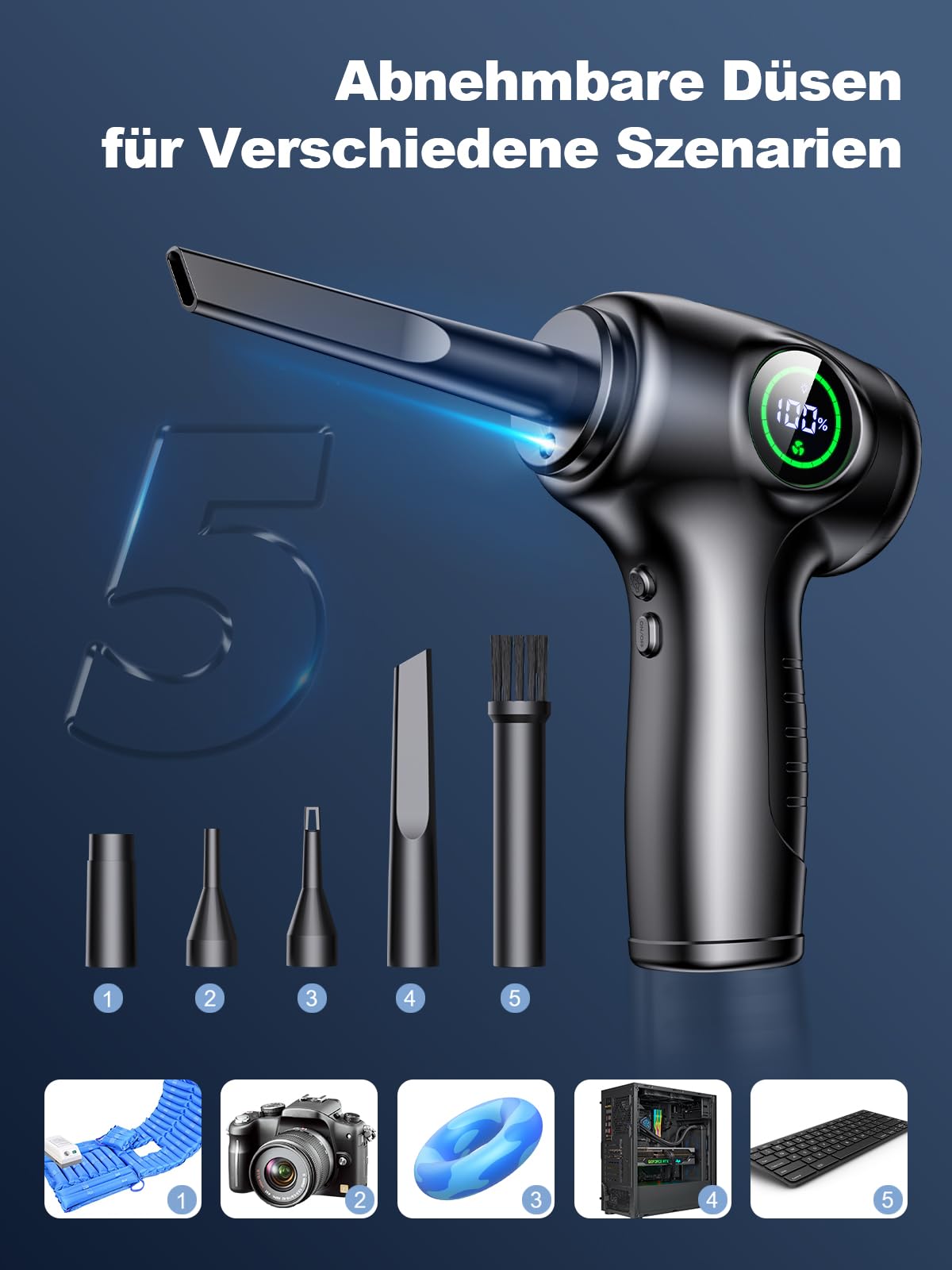 Staubgebläse Druckluftspray, 3-Gang 90000 U/min Elektrischer PC Reinigungsset, 6000mAh Aufladbar Compressed Air Duster mit LED-Licht & 5 Wechselbaren Düsen für Tastatur, PC, Auto, Sofa, Kamera