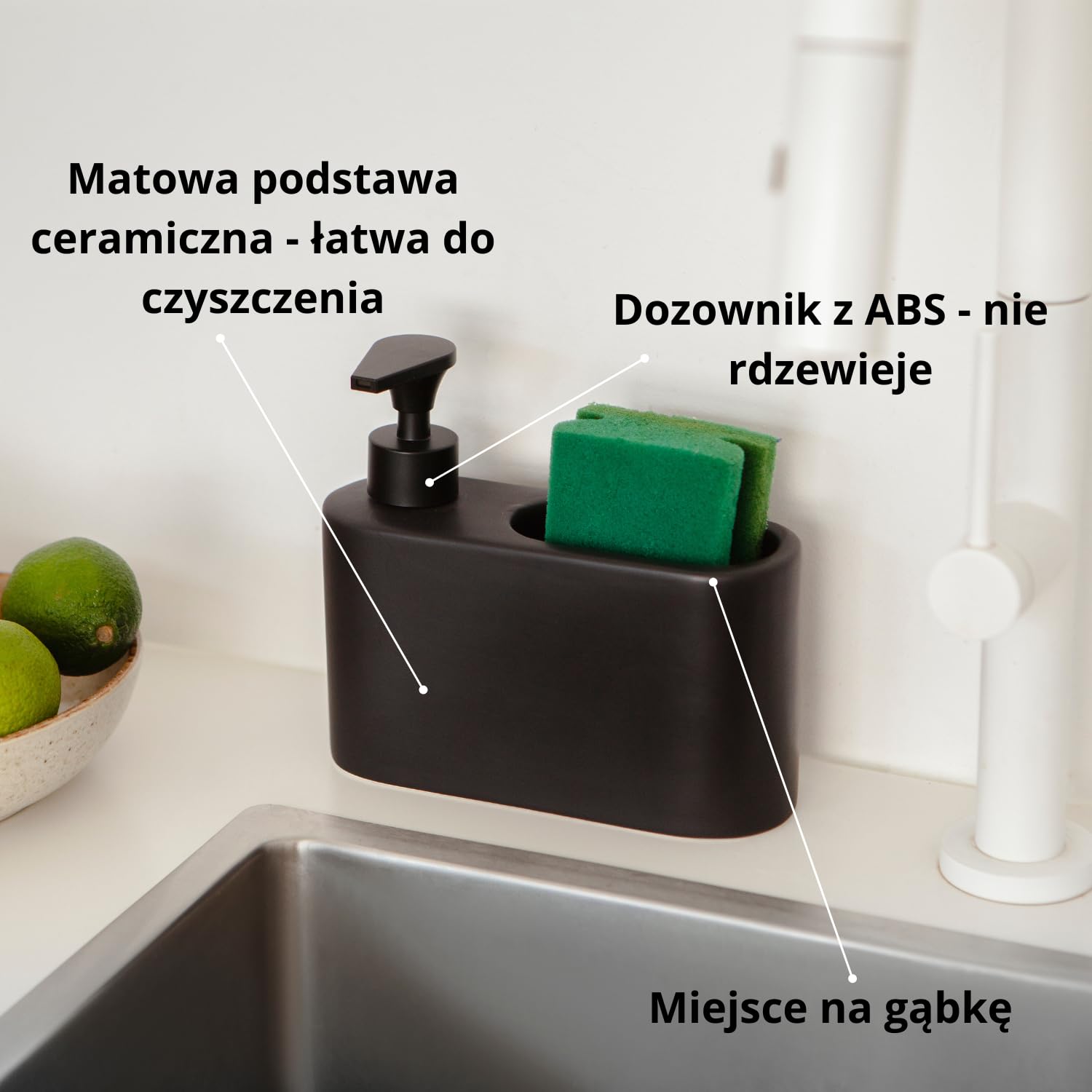 Ceramiczny dozownik mydła z uchwytem na gąbkę, wąski organizer do zlewu kuchennego, 500 ml, dozownik płynu do mycia naczyń do kuchni, 18 x 6 x 15,8 cm, czarny matowy