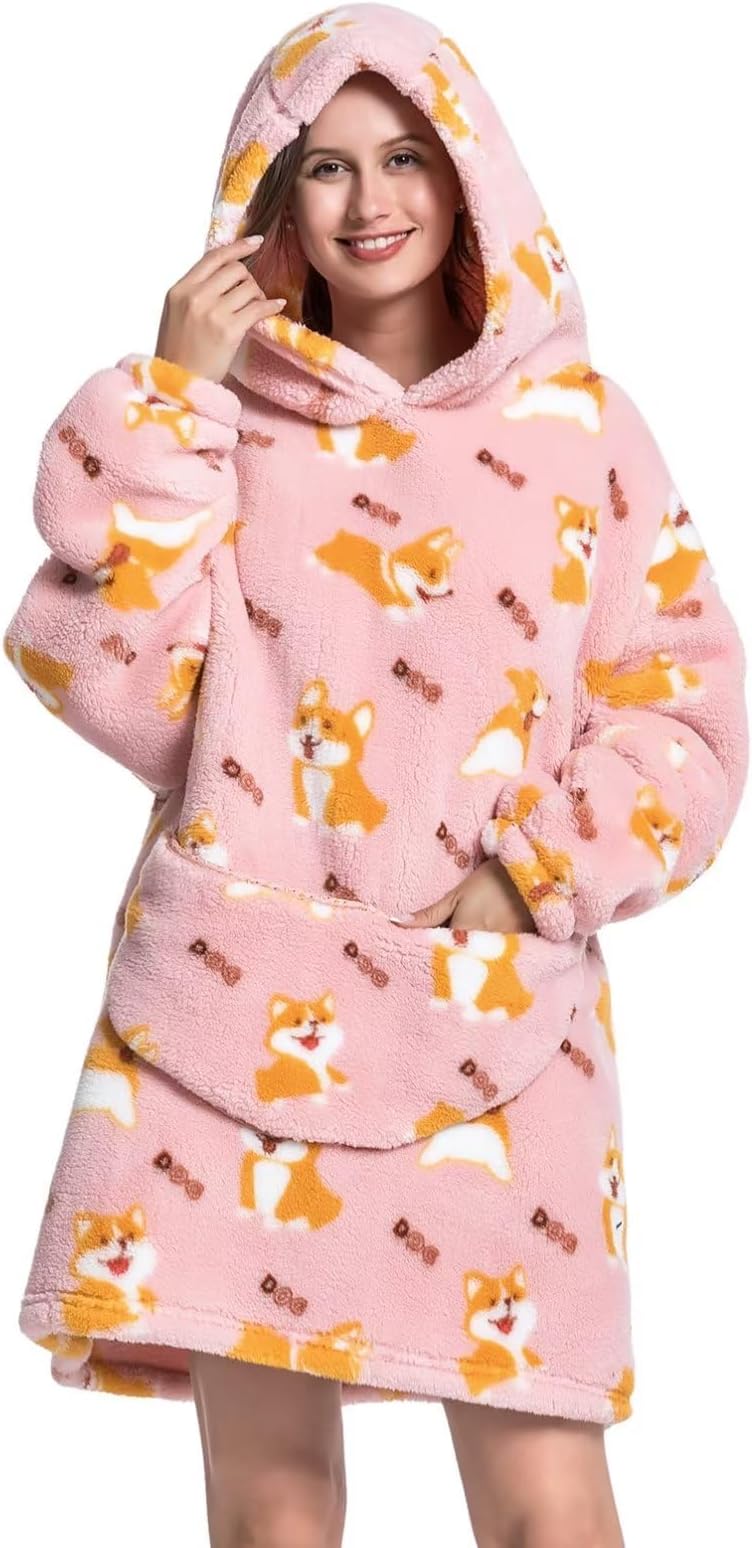 Moinlizy Wearable Blanket Hoodie for Women and Men,Oversized Sherpa Sweatshirt Wearable Blanket with Giant Pocket, Corgi, Adult