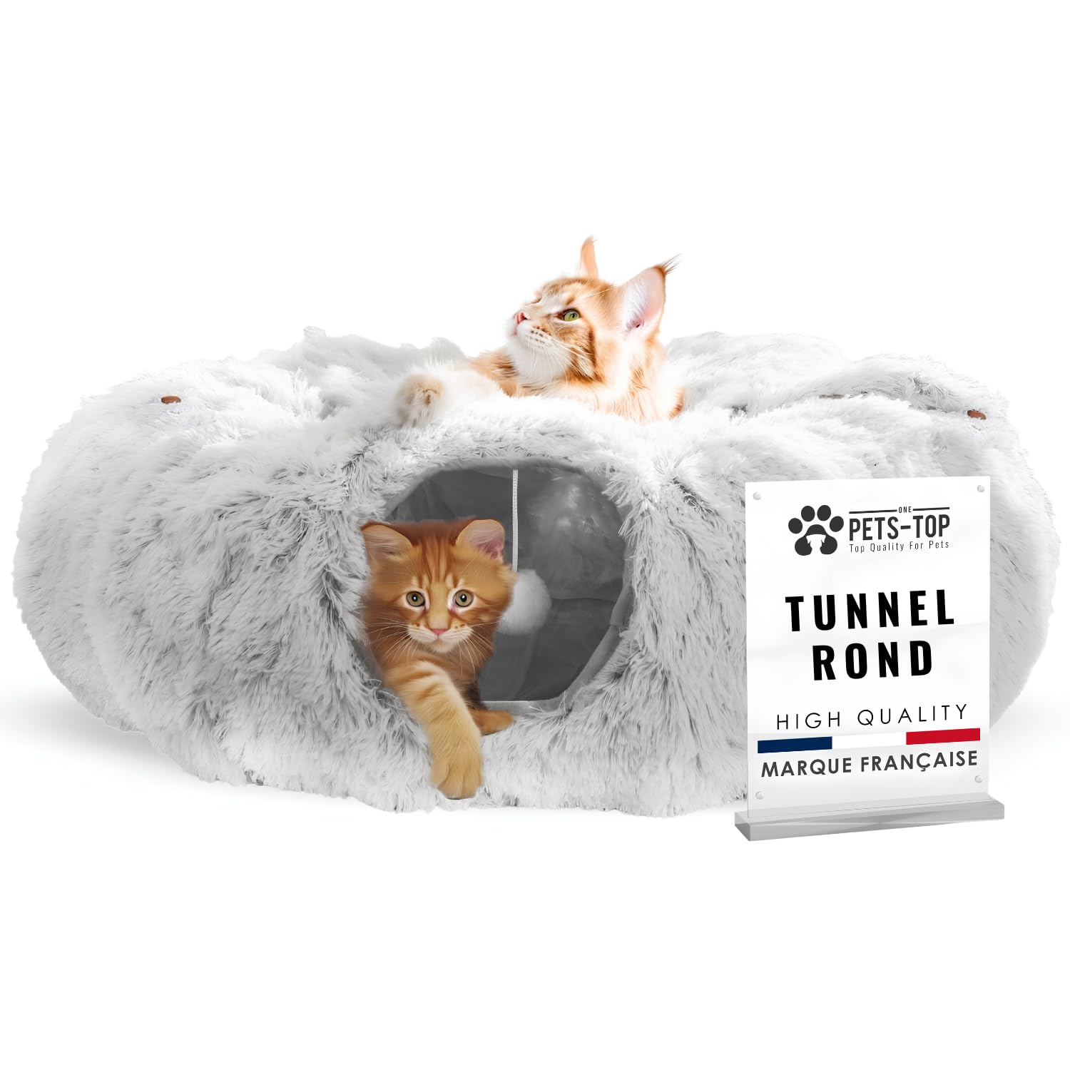 Tunnel Chat Rond XXL en Peluche Douce Gris Perle