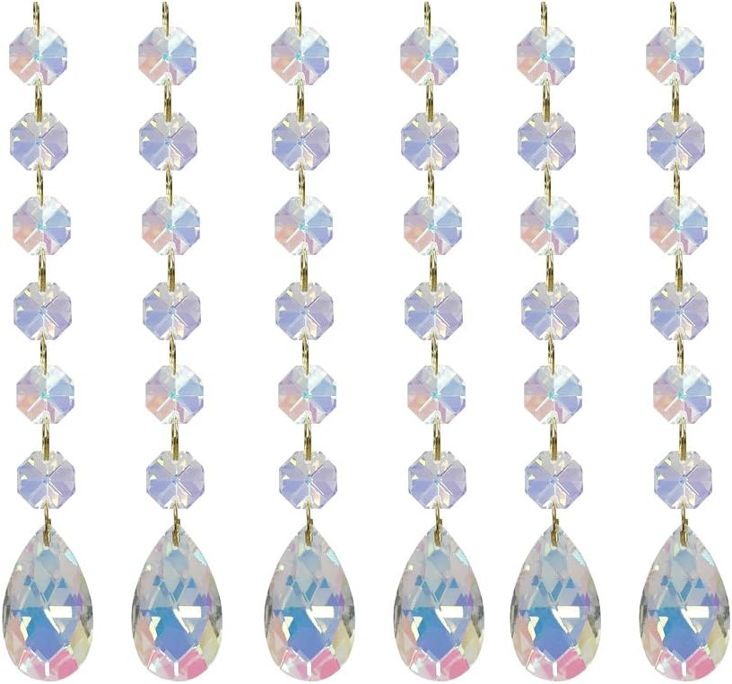 Teardrop Pendants Octagon Crystal Glass Beads Pendant for Chandelier Lamp Curtain Decor, 6-Pack (AB)