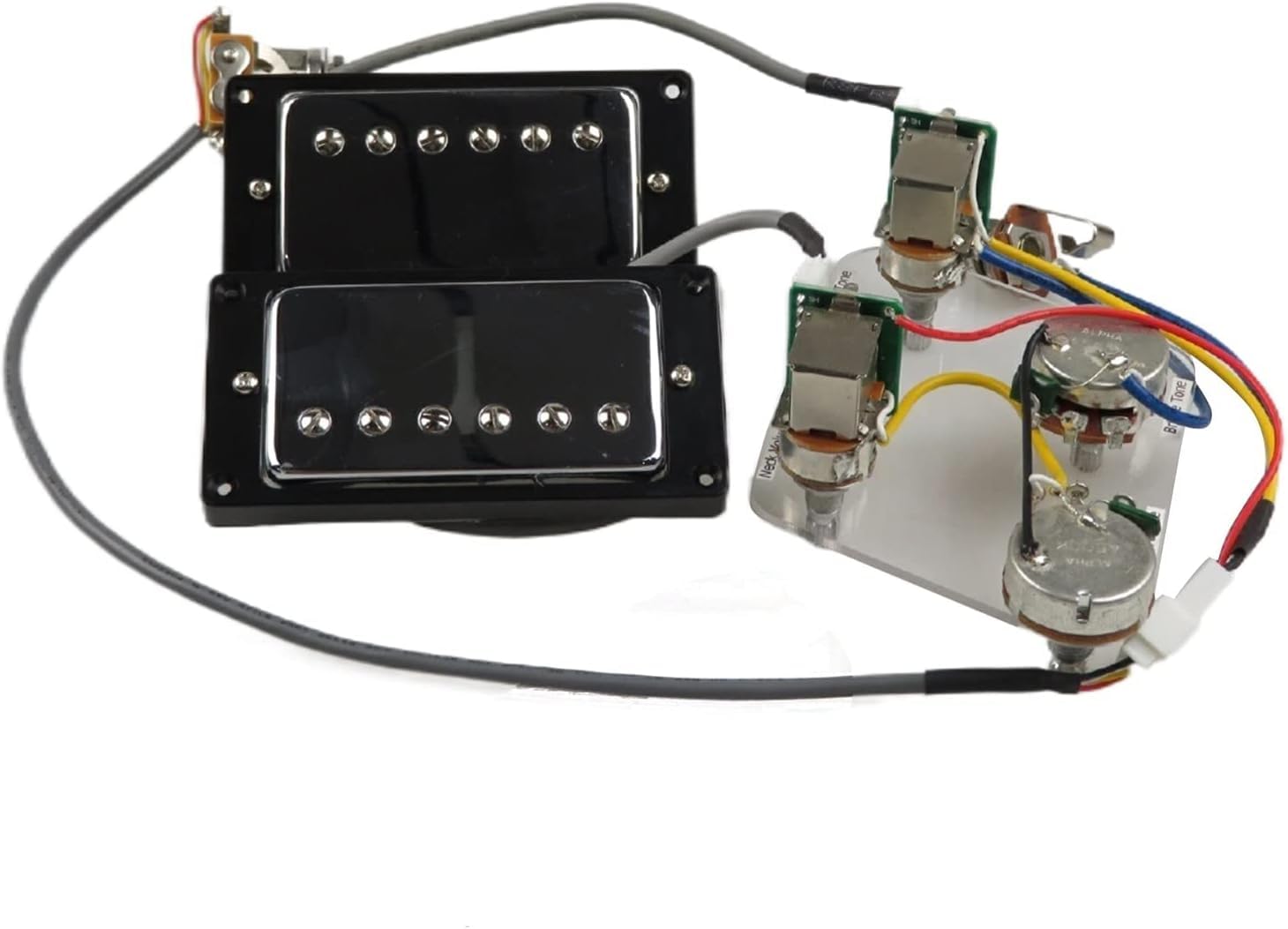 Premium Humbucker Tonabnehmer Hals und Steg Set mit 4C-Kabelbaum und Push-Pull-Schalter für Gibson Epiphone E-Gitarre (silberfarbener schwarzer Rahmen)