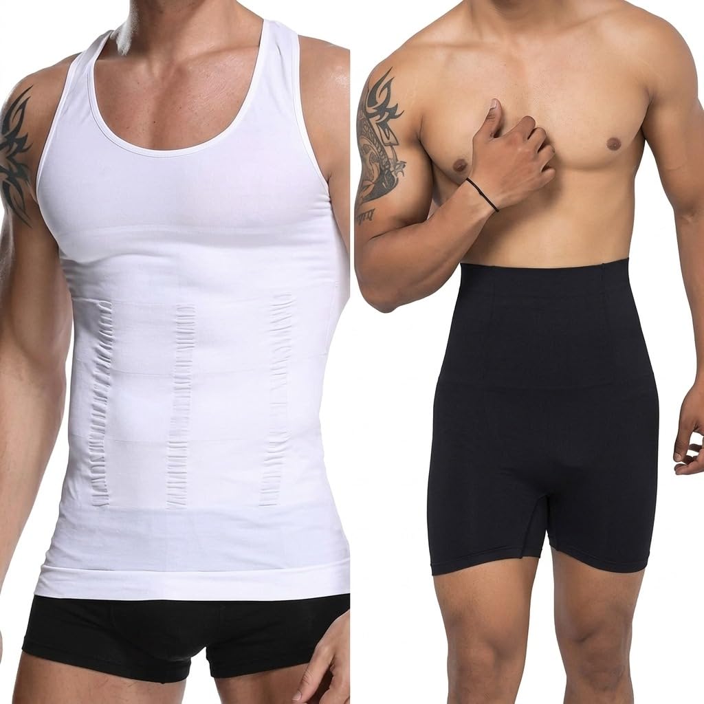 men body shapewear vest and tummy control shorts set slimming compression tank top and high waist body shaper for men gym workout posture support and fat burn innerwear-image-36