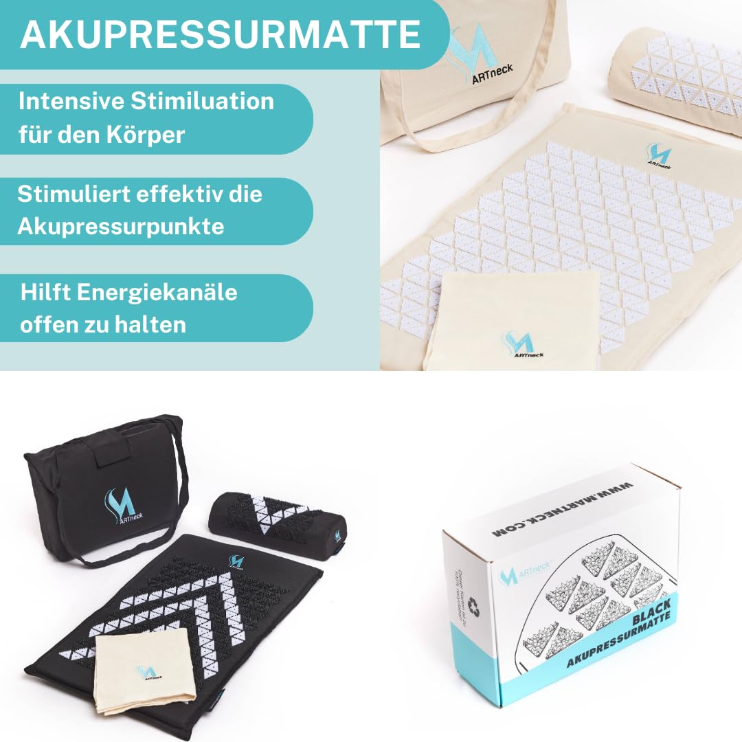 Akupressurmatte (Schwarz) - Das ORIGINAL von MARTneck -Natur Set Kokosfaser mit Kissen, Tuch und Tasche - Akupressurmatte zur Massage und Entspannung von Rücken und HWS