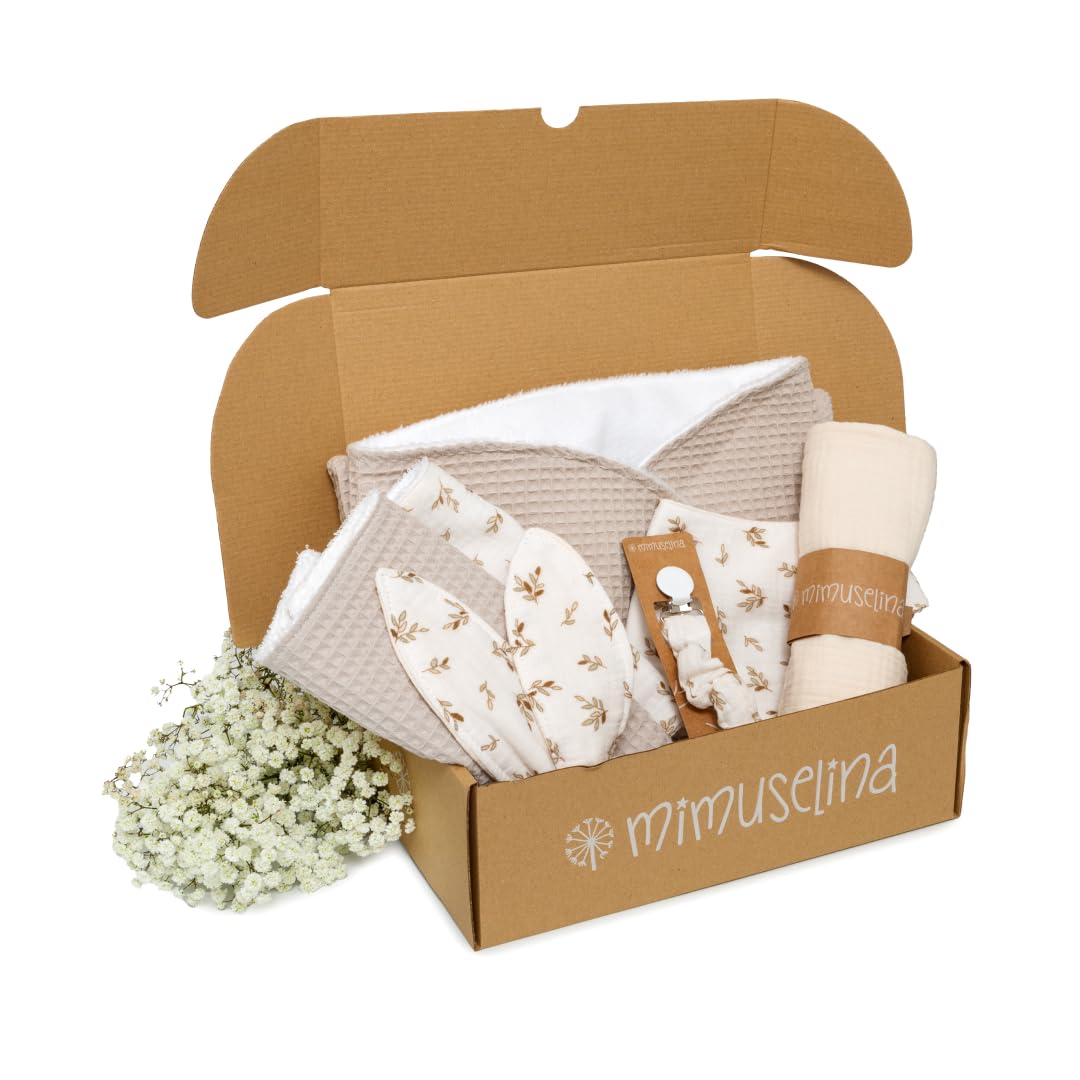 MIMUSELINA Set Regalo Neonato | Cesto Nascita Bimbo o Bimba | Regalo Nascita Originale | Regali Baby Shower Unisex | Cofanetto Neonato Disponibile in Diverse Dimensioni | Sahara, Small