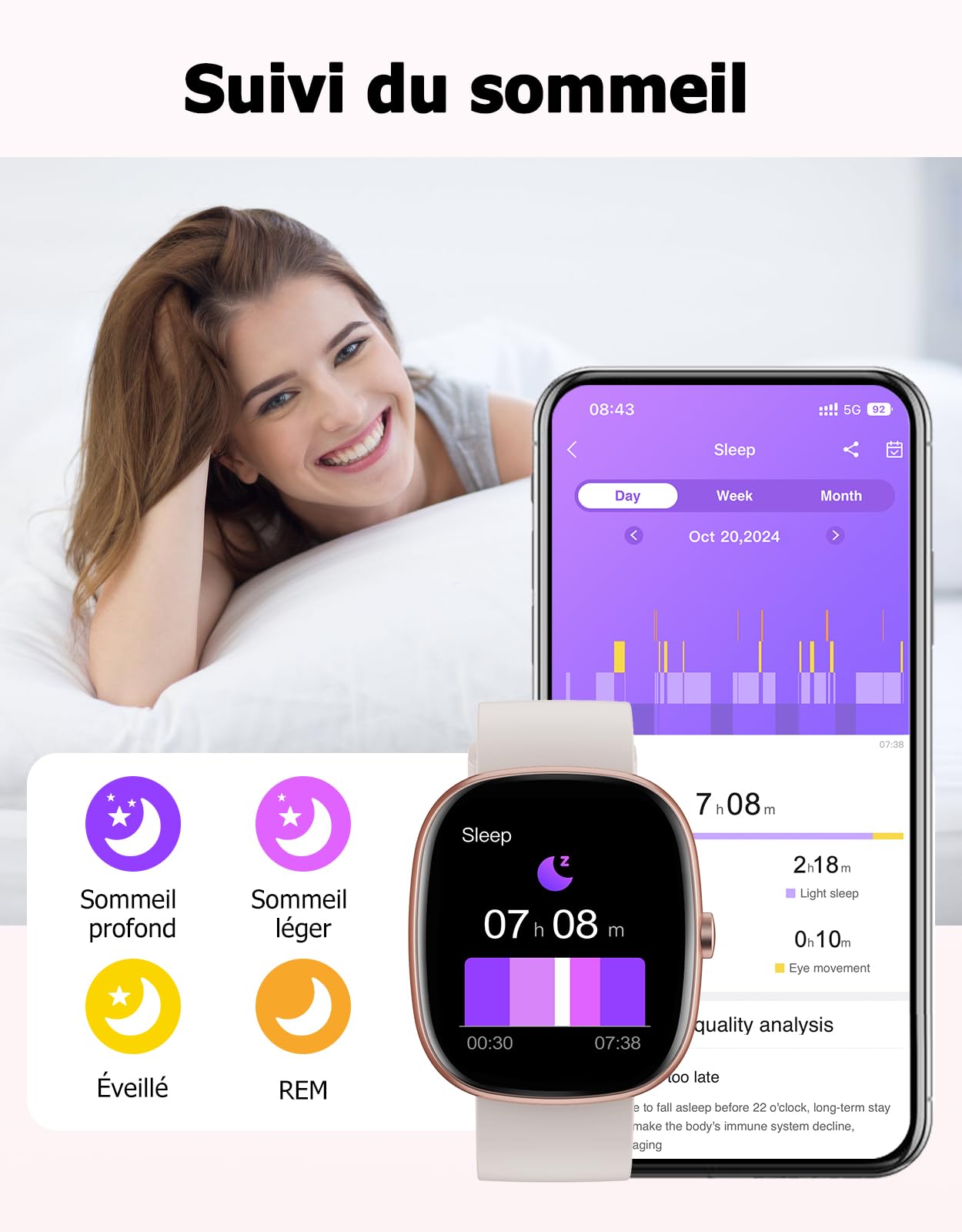 Montre Connectée Femme Etanche pour Samsung iPhone Android iOS | Smartwatch Appel Notification Podometre Cardiofréquencemètre Oxymetre 100+ Mode Sport Bluetooth 5.4 AMOLED Waterproof 5ATM