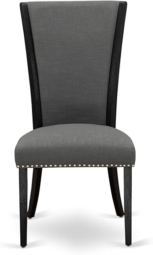 Miniatura 3 de East West Furniture VEP6T50 Verona Parson - Juego de 2 sillas de comedor acolchadas de tela de lino Gotham oscura, con ribete de clavo, color negro