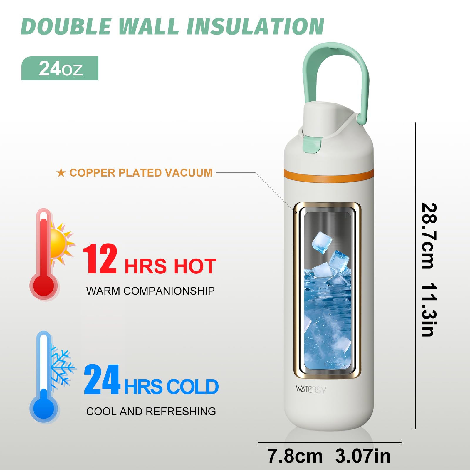 WATERSY Borraccia Sportiva in Acciaio Inox con Cannuccia e Manico – Doppia Parete Sottovuoto 720 ml – Borraccia Termica Antiperdita per Palestra, Ufficio e Viaggi – Senza BPA (Bianco)