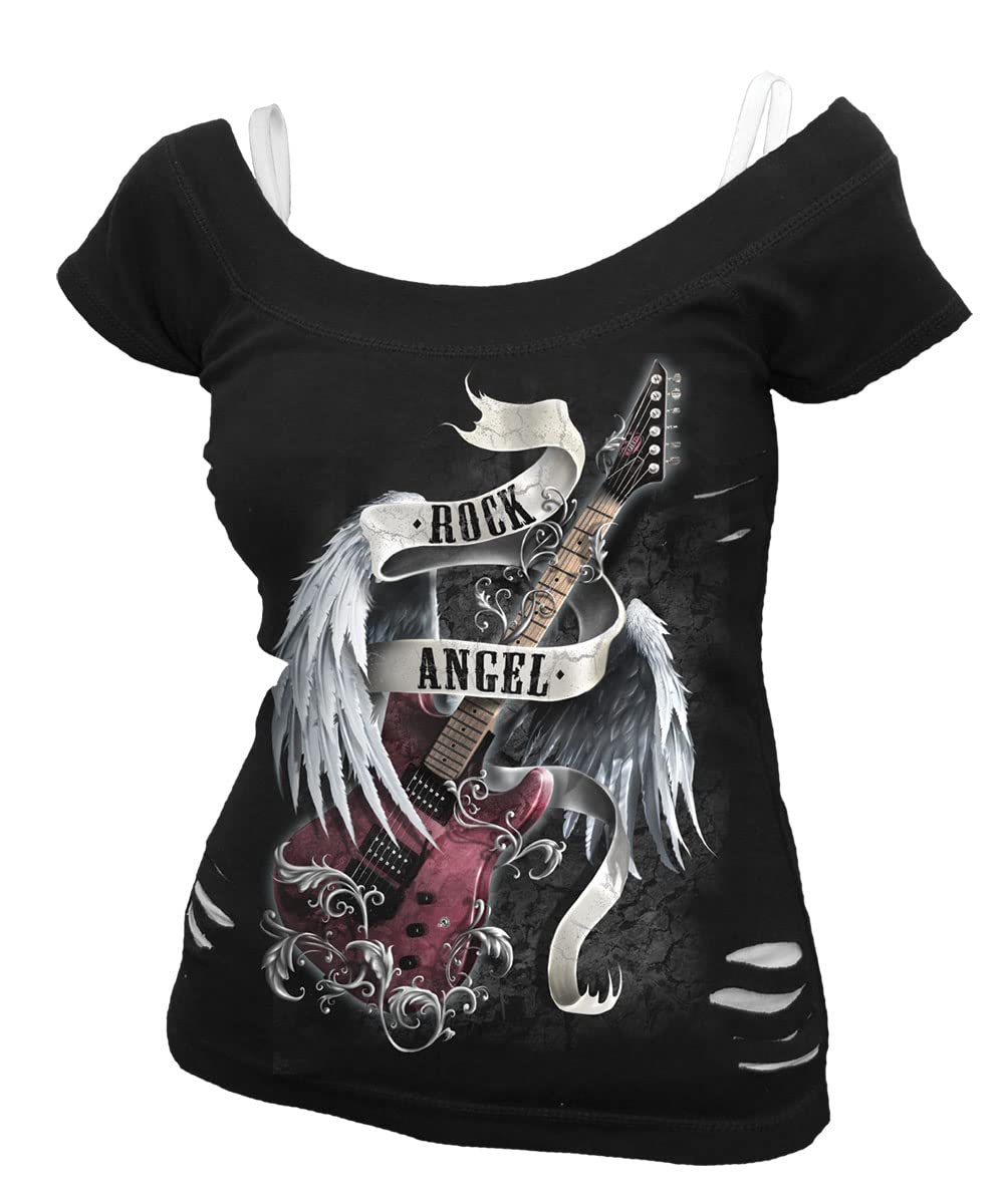Spiral - Rock Angel - 2in1 White Ripped Top Black (UK, Alpha, XXL, Regular, Regular)