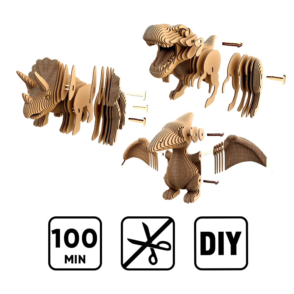 Dinosaurios Trio Puzzle 3D de Cartón – Set 3 en 1, 312 Piezas, Cartón Reciclado Sin Plástico, Escultura DIY para Pintar, Idea de Regalo
