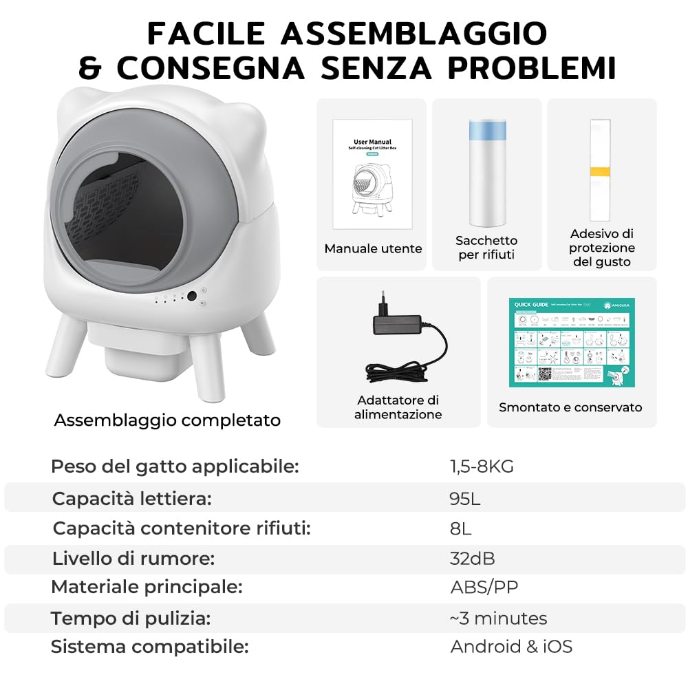 Redkey X1 Lettiera Gatto Autopulente, 95L Elettrica Lettiera Automatica per Gatti, Eliminazione Odori, Controllo APP, Compatibile con Tutti i Tipi di Lettiera, per Famiglie con Più Gatti (Bianco)