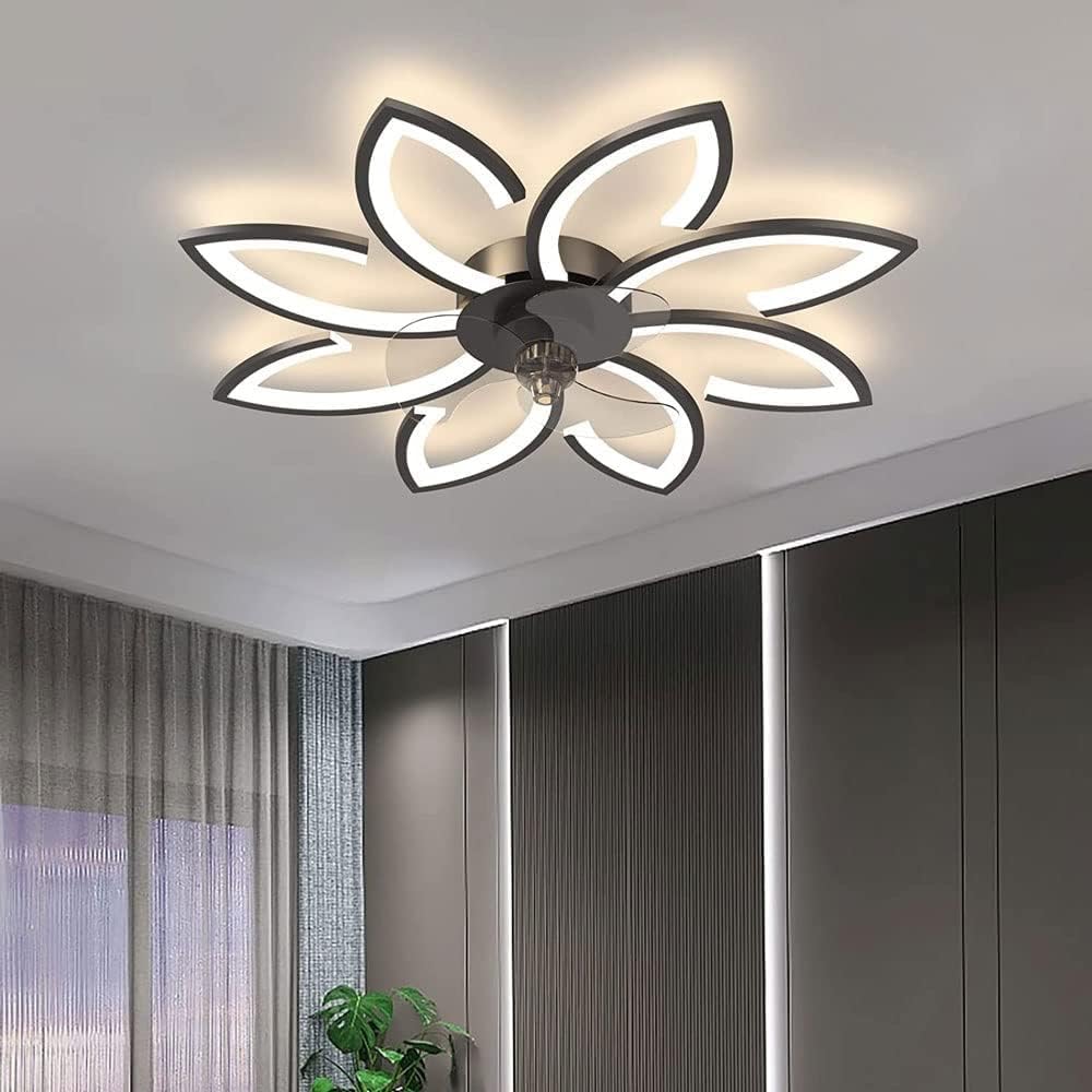 90 Cm Modern Flower Shape Golden Ceiling Fan with Remote Control Dimmable Children's Room Lighting Fixtures LED Ceiling Blades Reversible 6 Speed Nordic Black Ceiling Lamp for Bedroom Kitchen