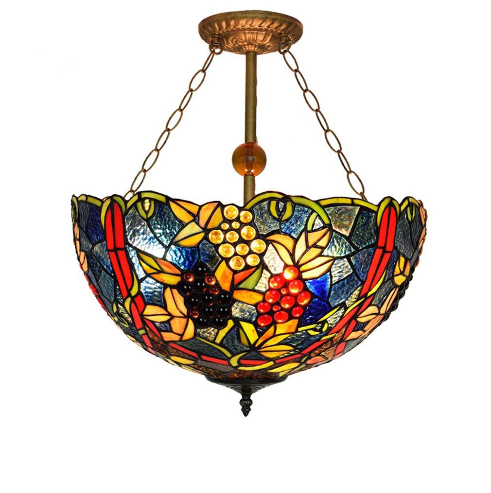 YNIYUJKL 17-Inch Stained Glass Grape Flower Pendant Light, Tiffany-Style Anti-Chandelier Lighting, Pastoral Vintage Bar Restaurant Ceiling Hanging Lamp