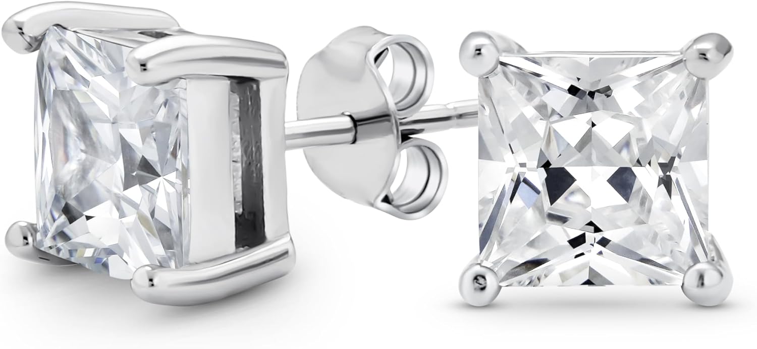 Square Cubic Zirconia Solitaire Princess AAA CZ Stud Earrings For Women Men 14K Gold Plated Sterling Silver 5 6 7 8MM