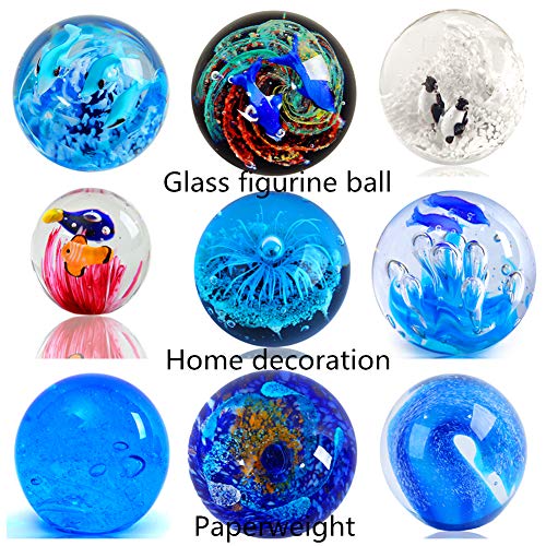 EUSTUMA Hand Blown Glass Blue Flower Sphere Figurine,Paperweight Glass Ball,Sea Plant Ornament for Fish Tank Aquarium,Sea Plant Collection for Birthday Gift,Glass Paperweight - Thumbnail 3