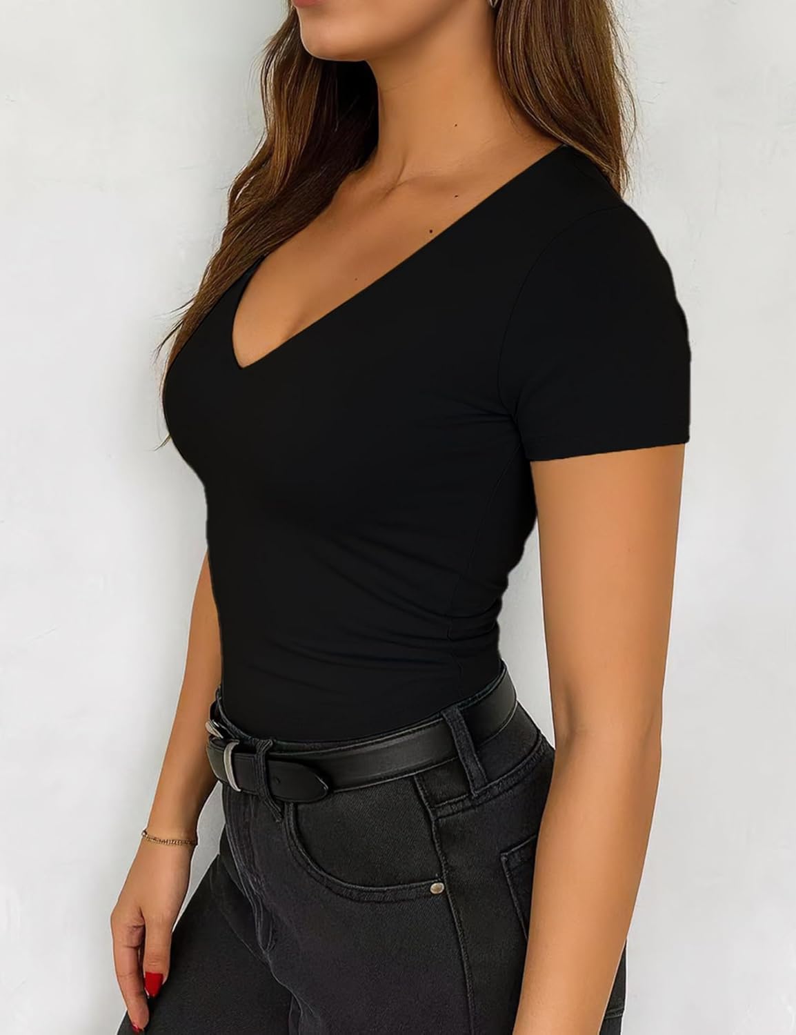 ForeFair Womens Casual V Neck Short Sleeve T Shirts Going Out Tops Double Lined Slim Fitted Summer Basic Tee - Image 2