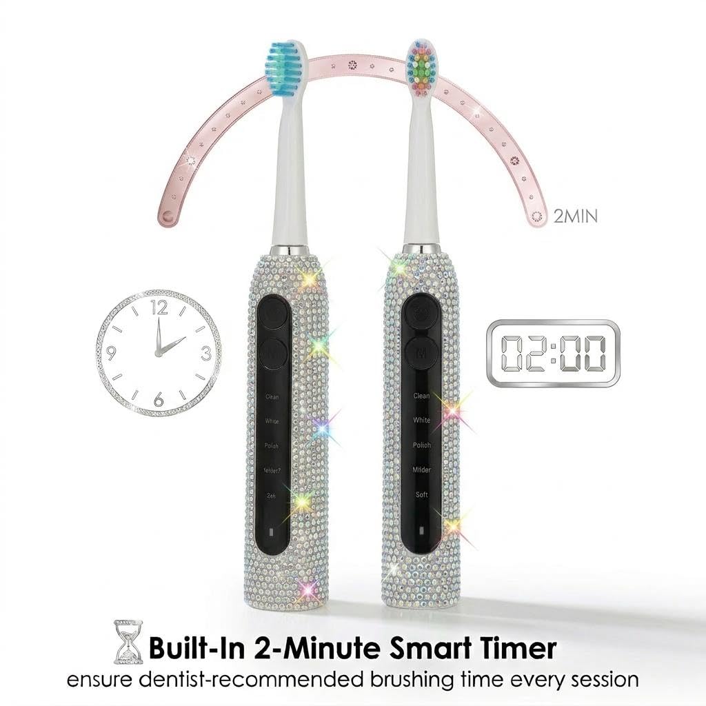 Diamond Sonic - Cepillo de dientes eléctrico brillante recargable para adultos con 6 cabezales de cepillo, cepillo de dientes vibratorio, 5 modos, carga rápida USB-C, temporizador inteligente