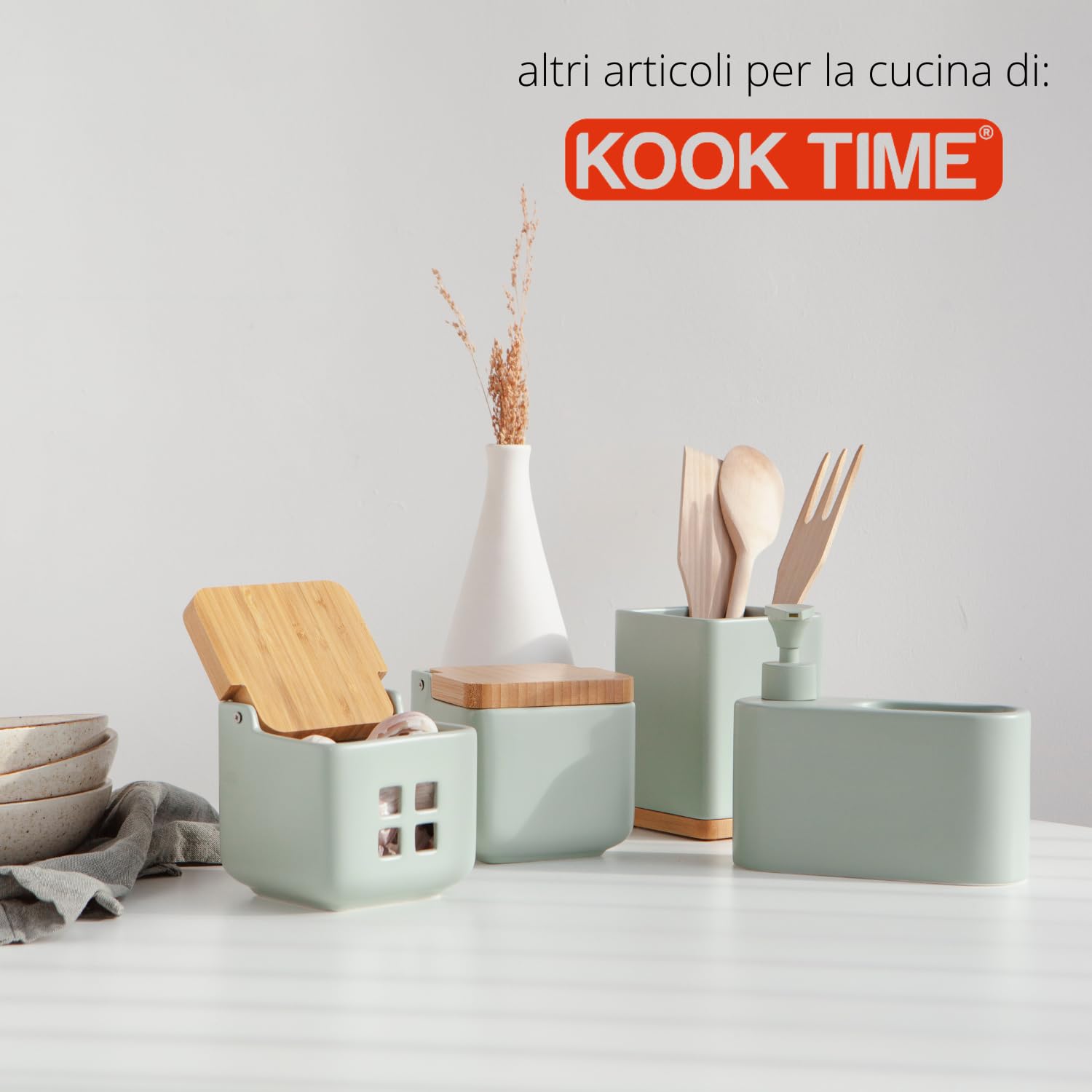 Porta sale grosso e fino, Barattoli sale per cucina o tavolo in ceramica con coperchio girevole in bambù ecologico, Barattolo sale grosso e fino, Dimensioni 11,7 x 11,5 x 11,3 cm. Marmo