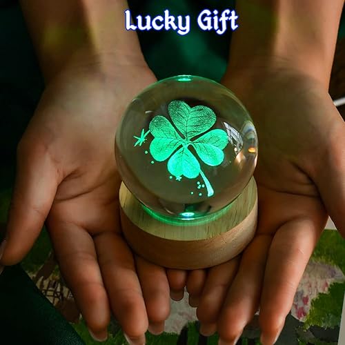 Miniatura 5 de IFOLAINA Bola de cristal de trébol de cuatro hojas 3D de 2.362 in ideas de regalos de buena suerte con base de iluminación multicolor