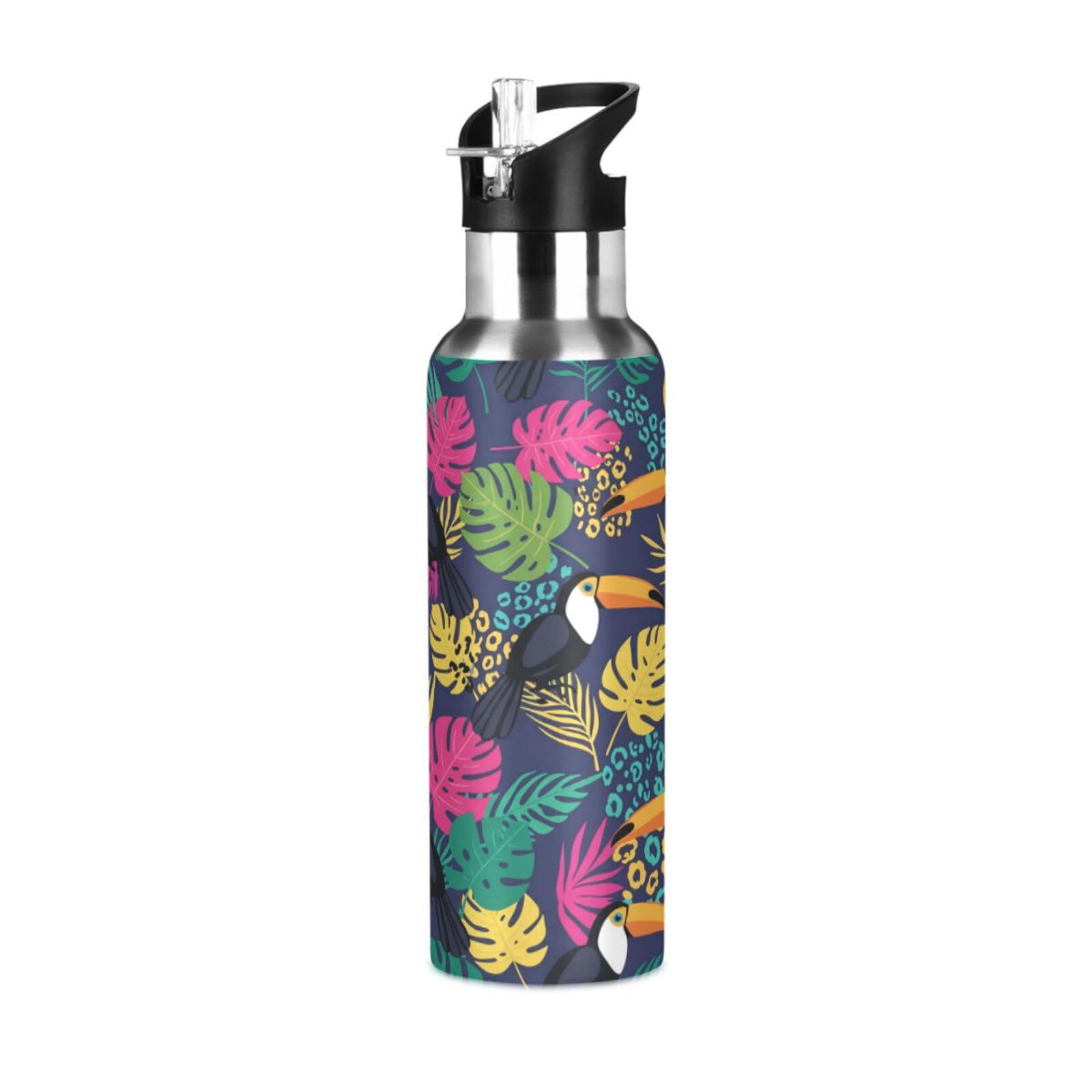 BOESI Toucan Leaf Pattern Insulated Water Bottle 600ml, Stainless Steel Vacuum Sports Bottle with Straw, Leak Proof Thermal Bottle for Gym Travel Outdoor