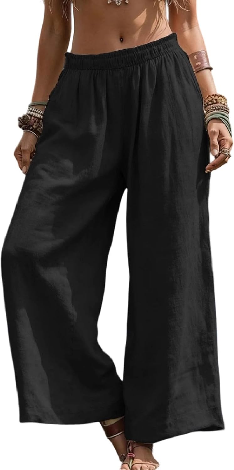 Pants for Women Elastic Waist Comfy Pants Casual High Waisted Palazzo Pant Flowy Straight Leg Pant with Pockets