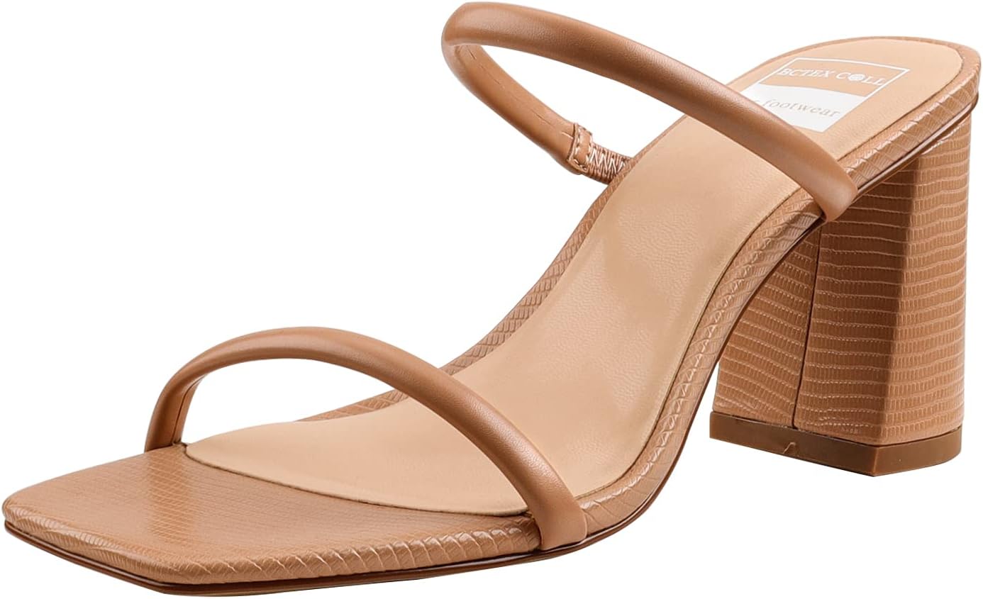 BCTEX COLL Women's High Heeled Sandal Two Strap Square Toe Slip on High-heeled Sandal High Heel Sandal Comfortable for Women 8 Brown-pu