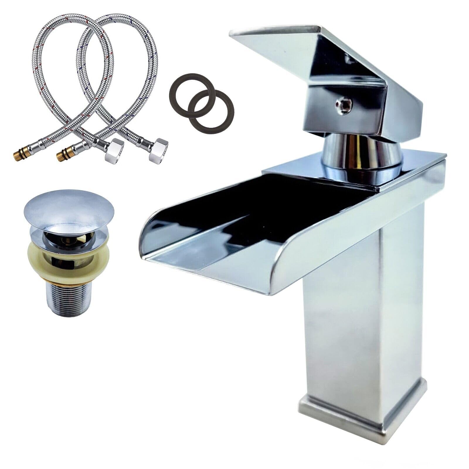 MAKA Rubinetto Lavabo Bagno a Cascata in Acciaio Inox Cromato con Piletta Inclusa Miscelatore Monocomando Lavandino Cucina ad Alta Pressione Kit Montaggio Guarnizioni e Tubi Satinato (h 16.5 cm)
