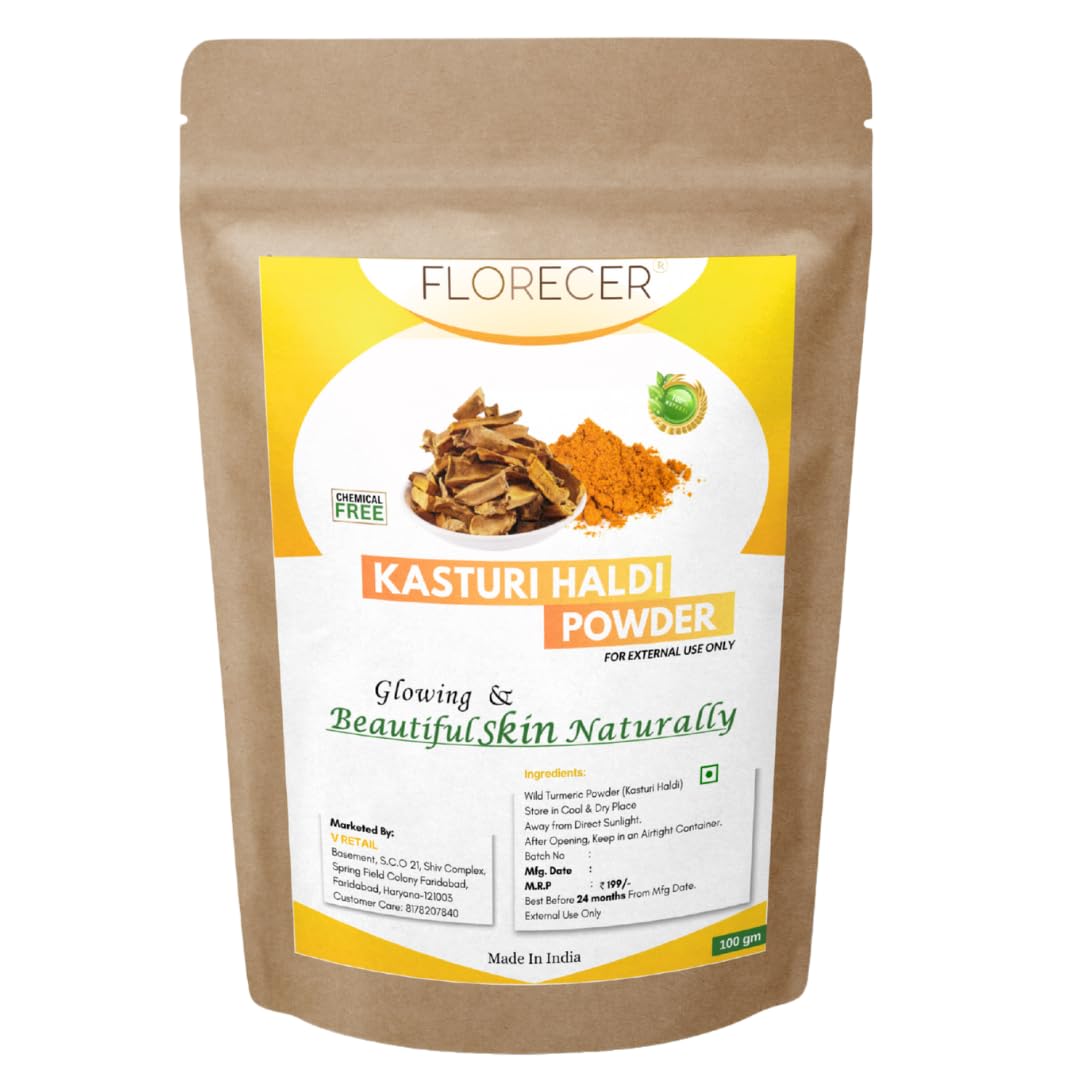 Florecer kasturi haldi powder for face beauty | Powder For Skin And Hair | Face Pack For Glowing skin, Acne And Pimples | Wild Turmeric Powder For Skin |- 100 Grams