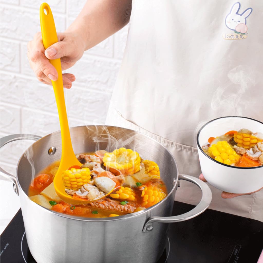 Utensilios de cocina, cuchara de arroz de silicona, pala de herramientas de cocina resistente al calor con cucharas para servir amarillas ranuradas