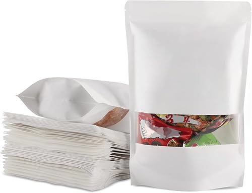 Tecbeauty 100 bolsas de papel kraft para golosinas, bolsas con cierre hermético resellables con ventana para almacenamiento de galletas, aperitivos,