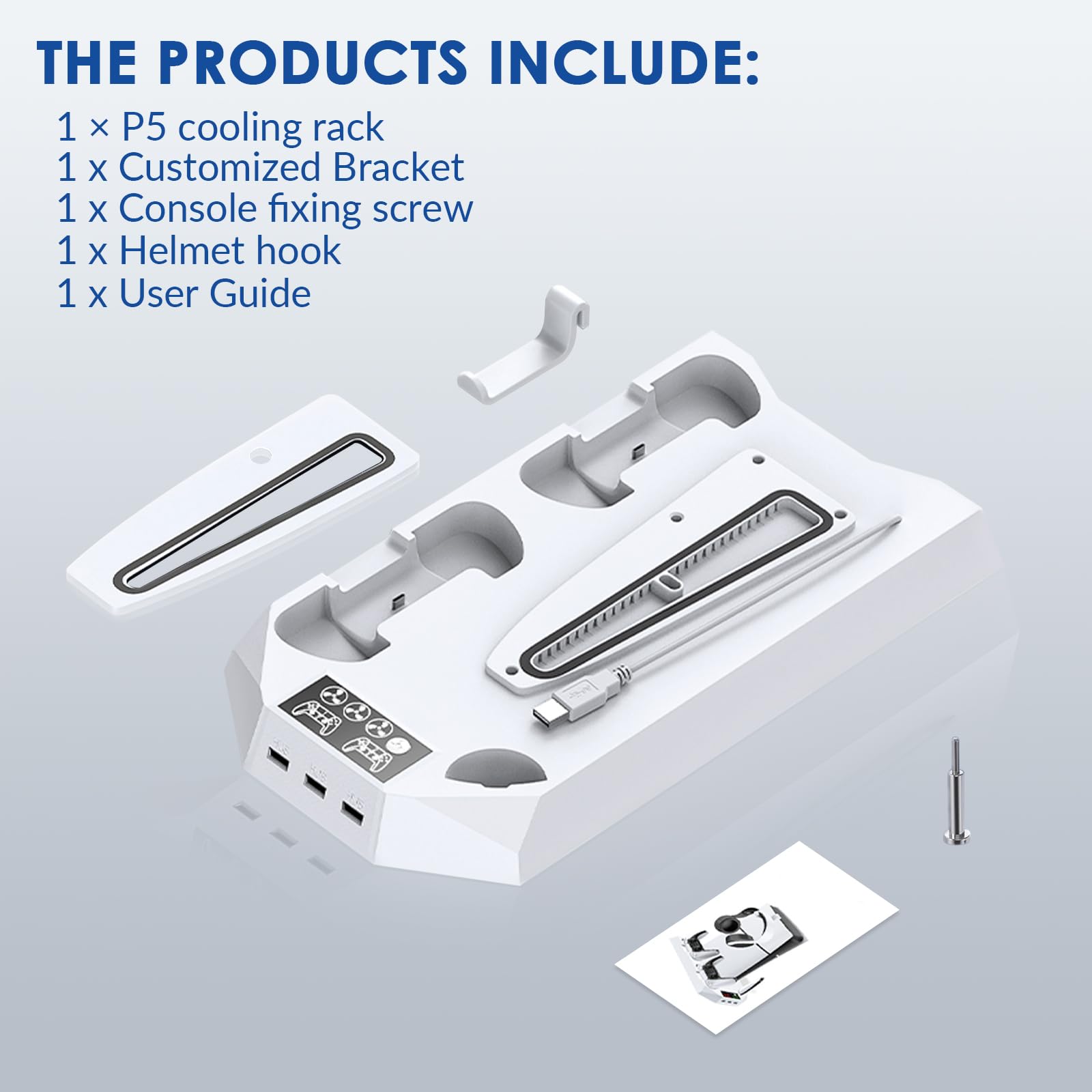 PS5 Ständer Multifunktions-Ständer mit 3 USB-Anschlüssen & Kühlfunktion – Vertikale Ladestation für 2 Controller + Headset-Halterung, Kompatibel mit Allen Modellen (Slim/Digital/Pro)