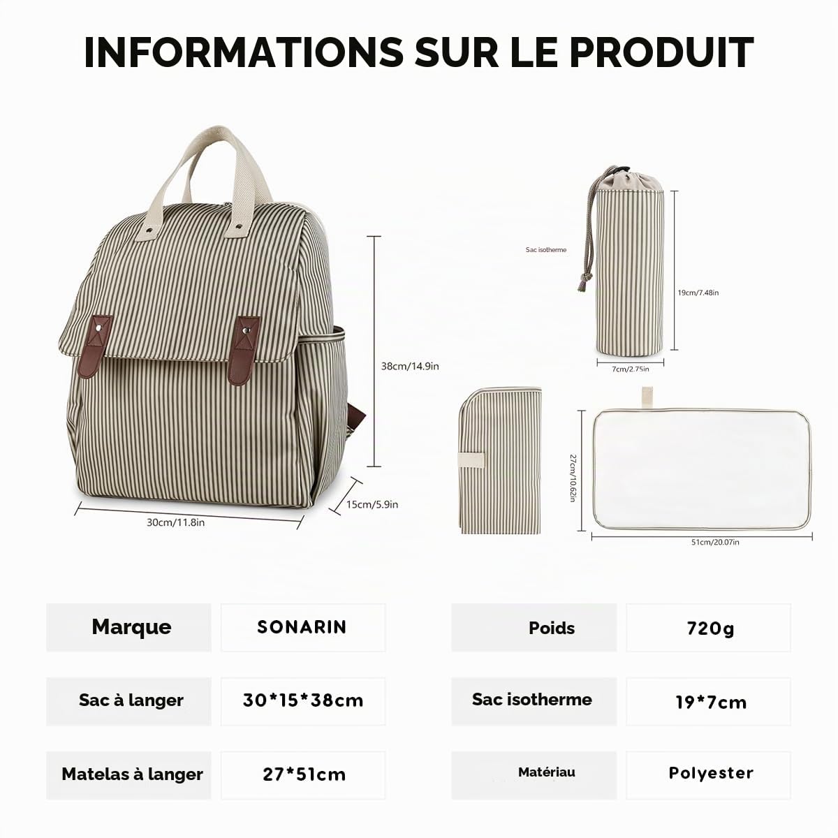SONARIN Polyvalent Sac à Dos à Langer pour Bébé,Multifonctionnel Sac à Langer Bandoulière Bébé Sac de Maternité Sac à Couches de Voyage avec Matelas à Langer & Sac à Bouteille
