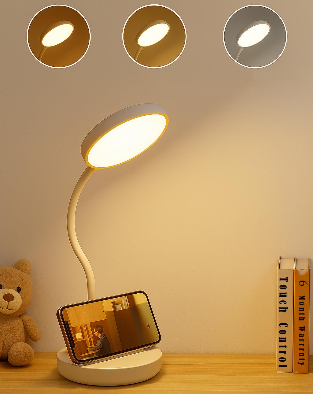 SaleOn Rechargeable Study Lamp with 3 Color Modes, Brightness Control, Gooseneck Design, Phone Stand, ABS Body – Table Lamp for Study/Office – 6 Month Warranty